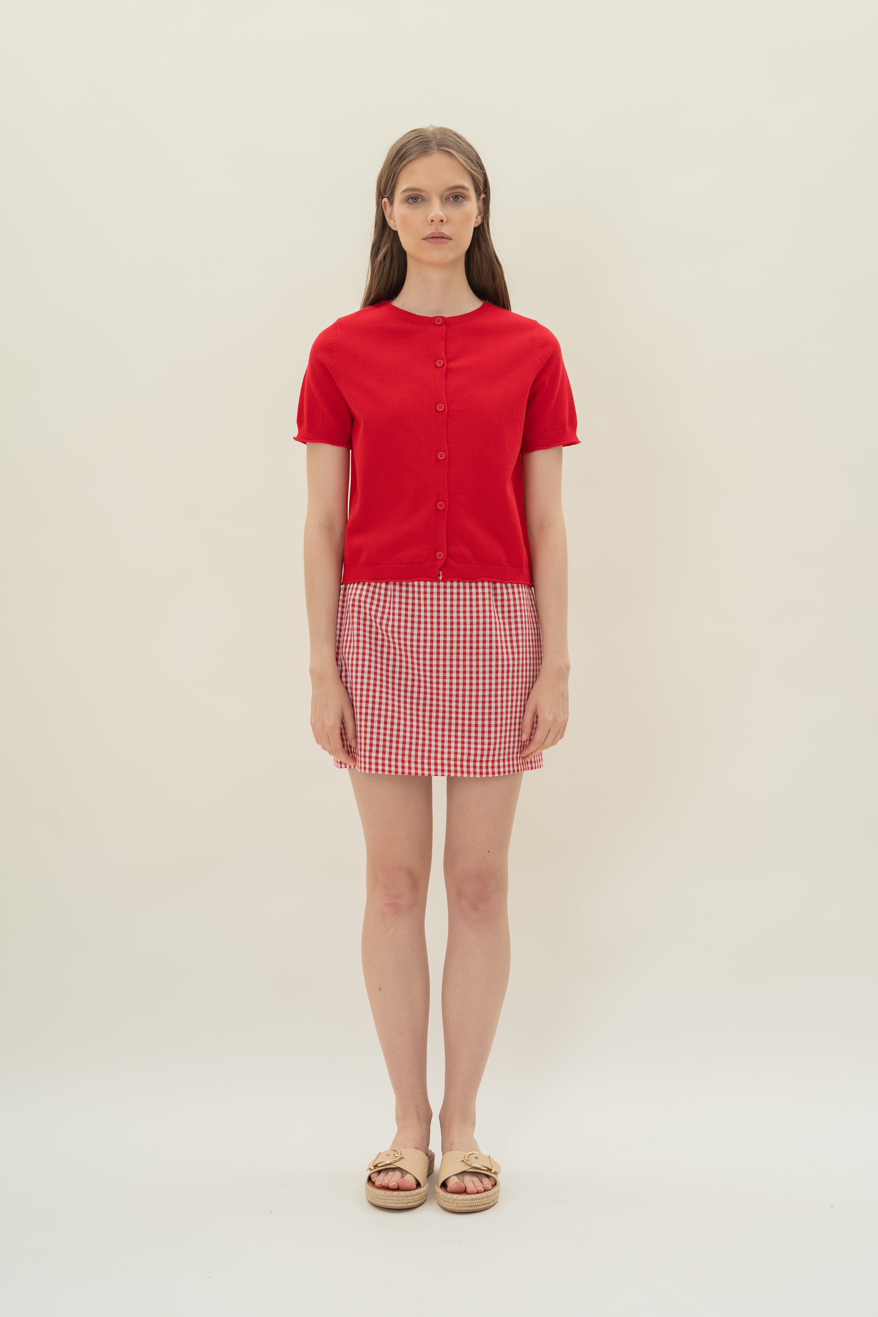 Short Sleeve Button Up Cardigan in Scarlet Red