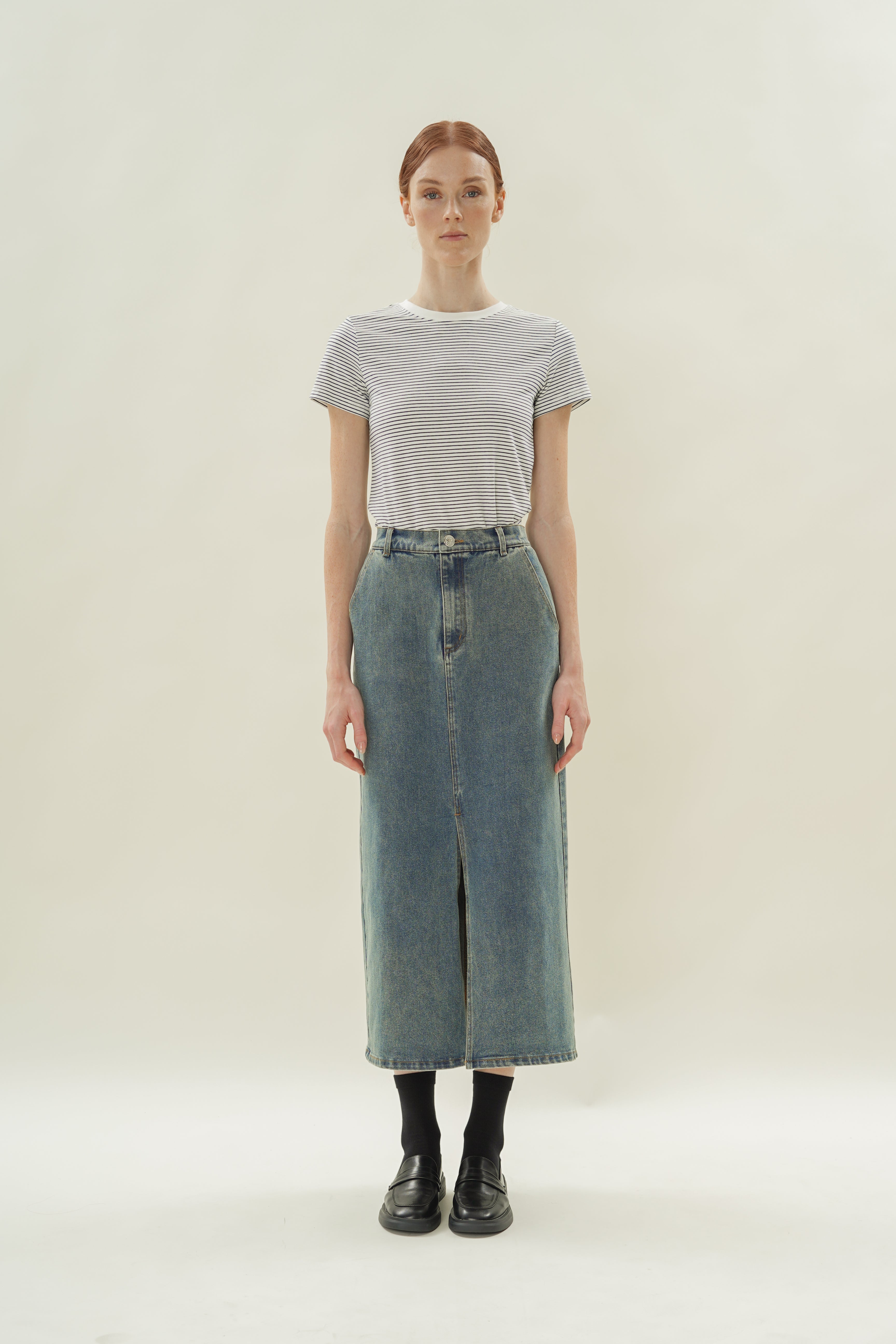 Denim Straight Maxi Skirt in Mid Wash
