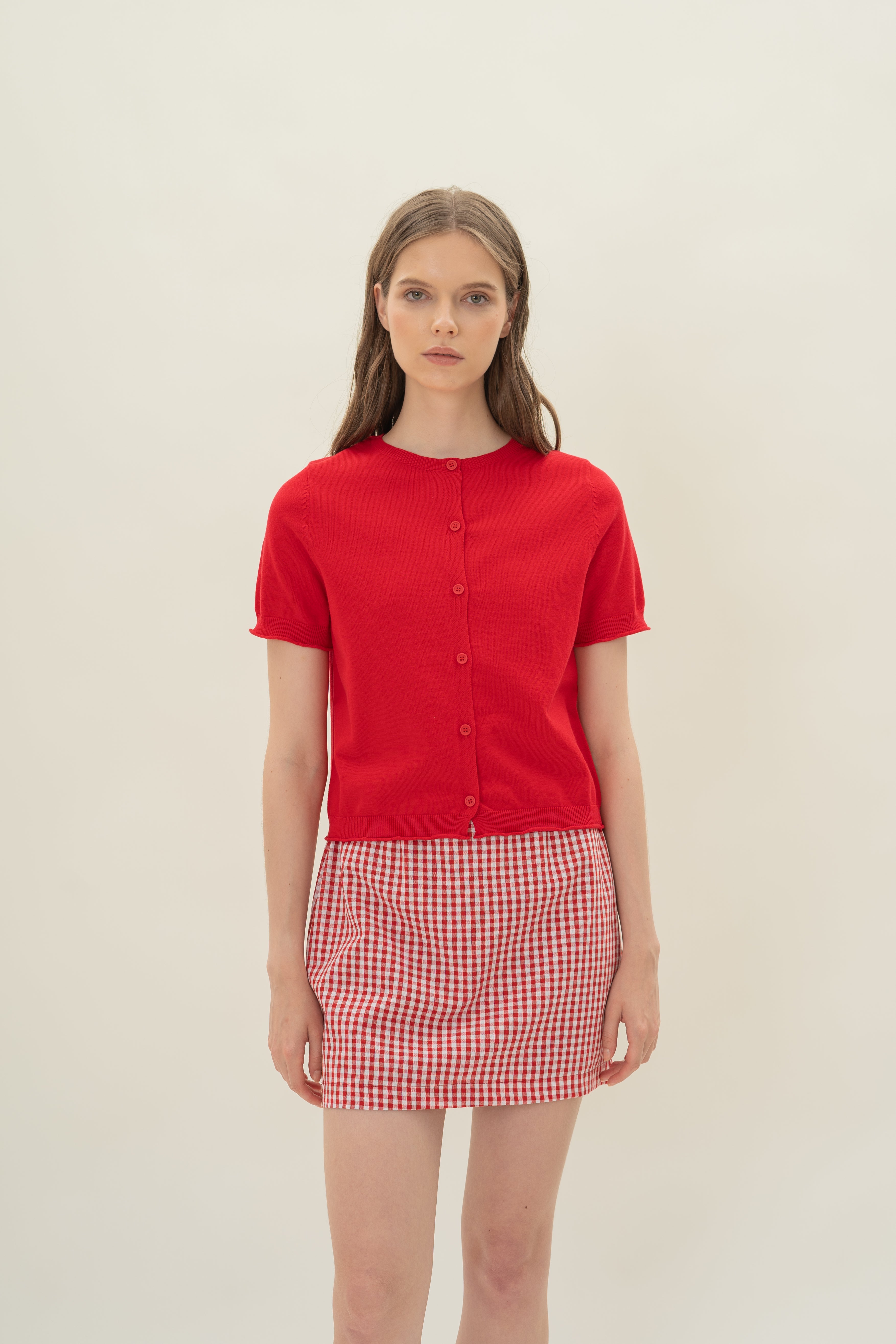 Short Sleeve Button Up Cardigan in Scarlet Red
