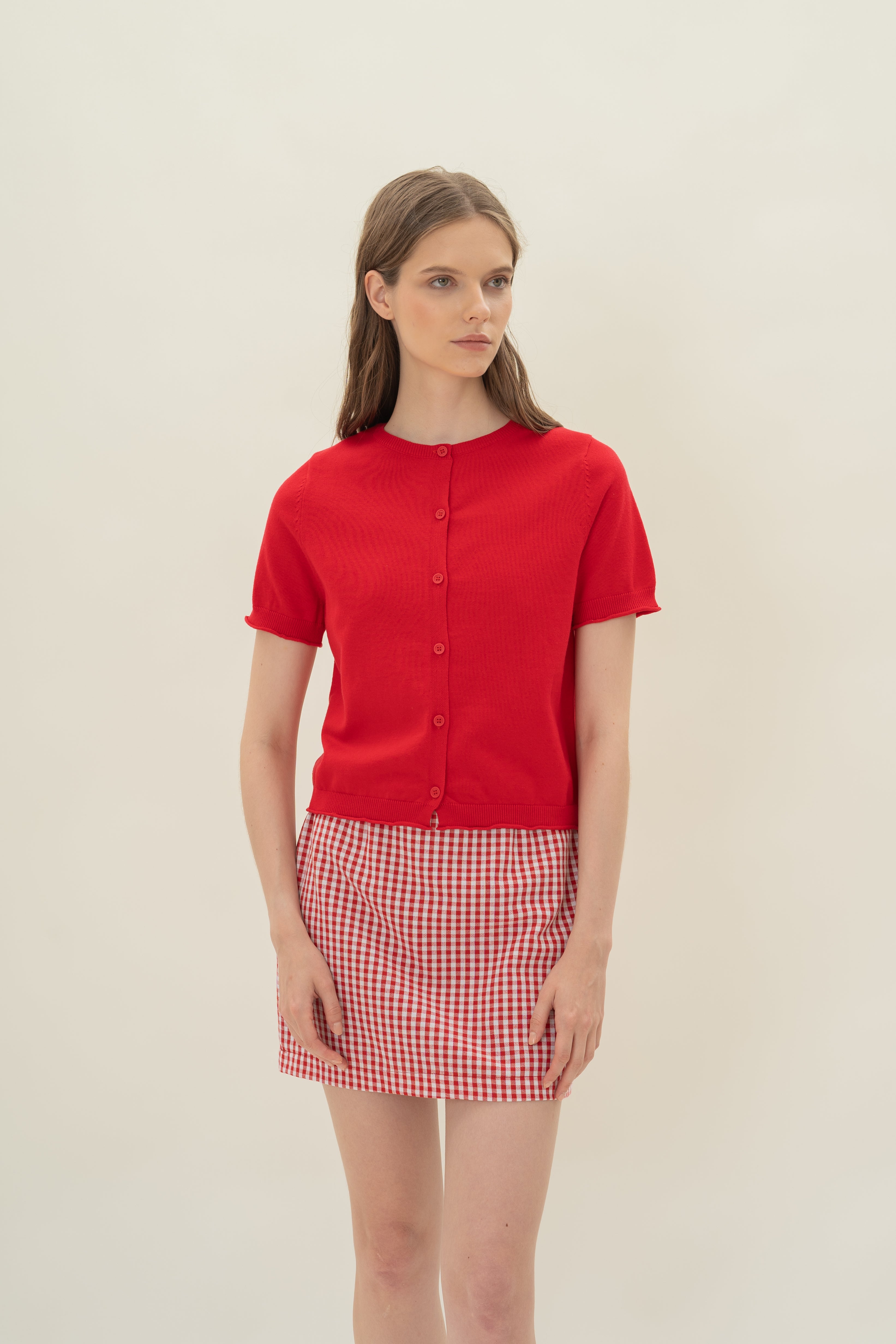 Short Sleeve Button Up Cardigan in Scarlet Red