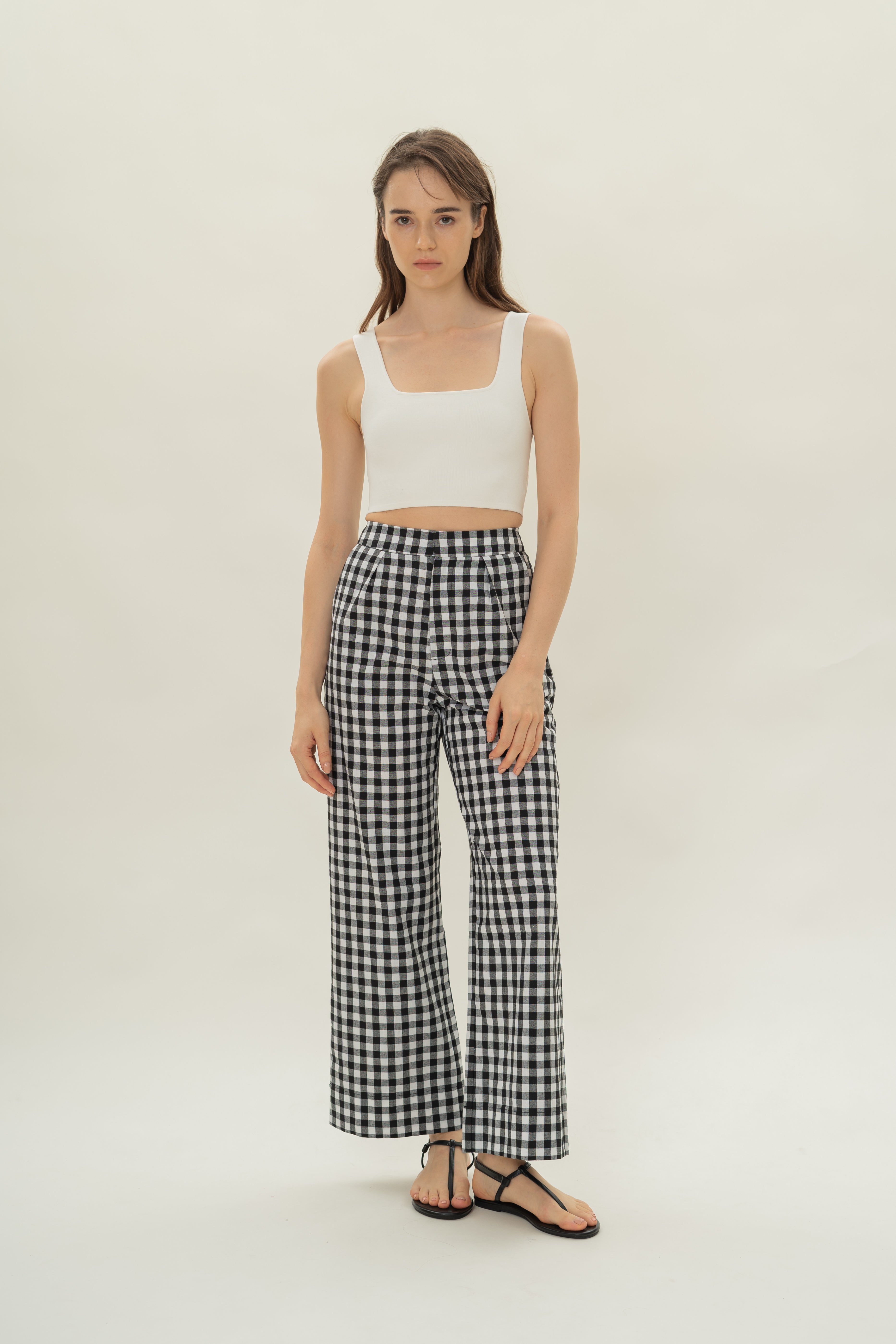 Linen Pleated Straight Trousers in Black Gingham