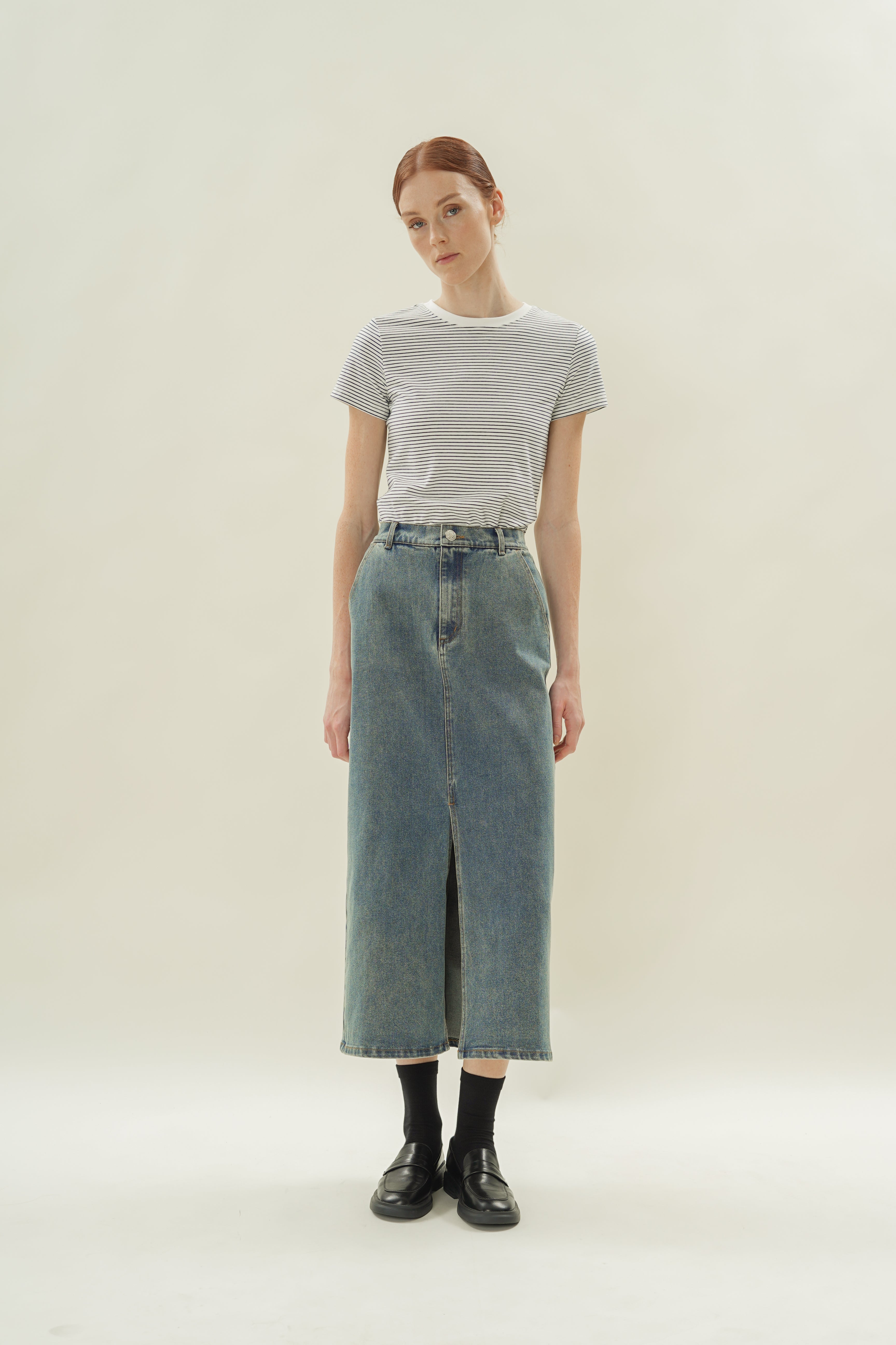 Denim Straight Maxi Skirt in Mid Wash
