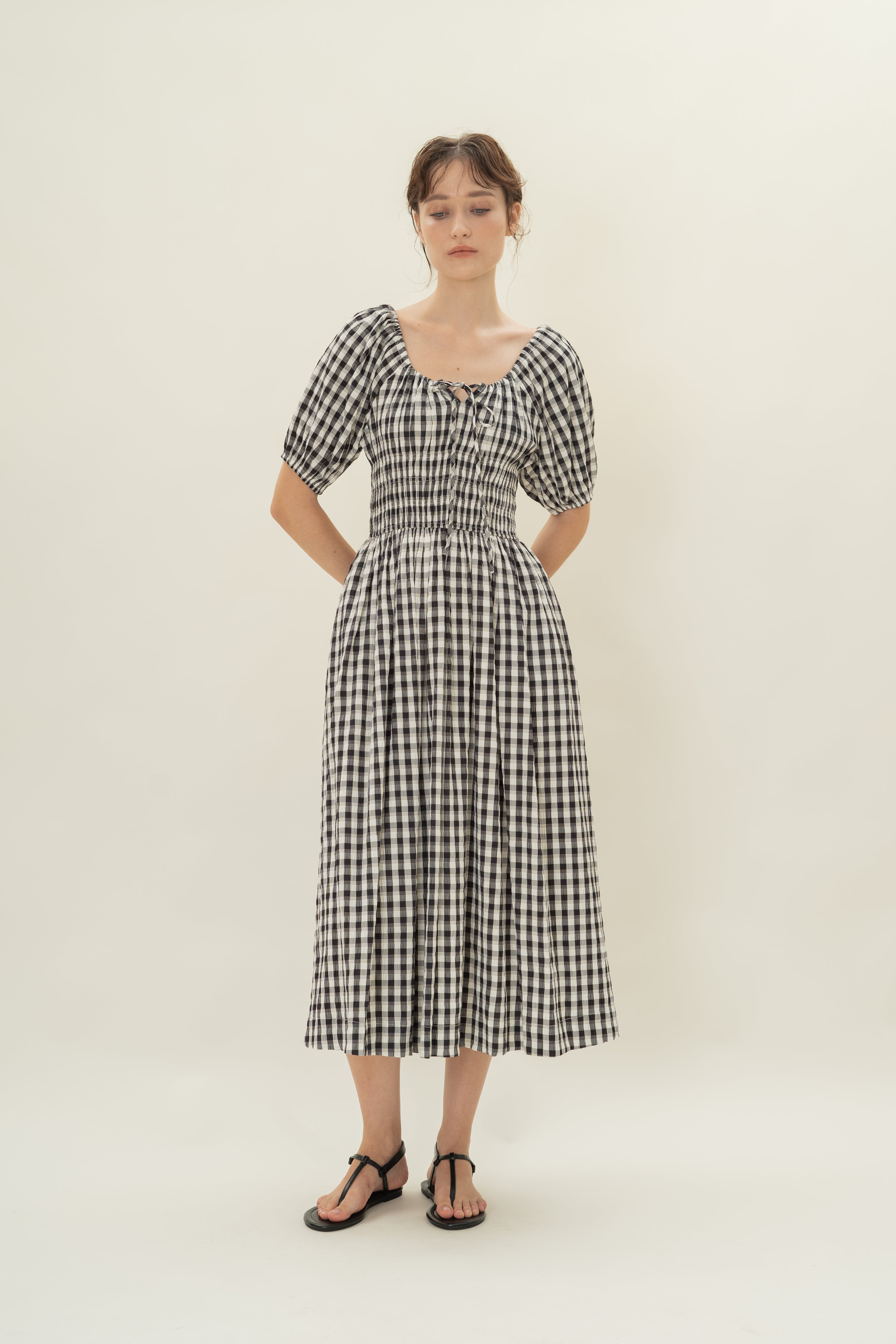 Shirred Waist Puff Sleeve Dress in Black Gingham