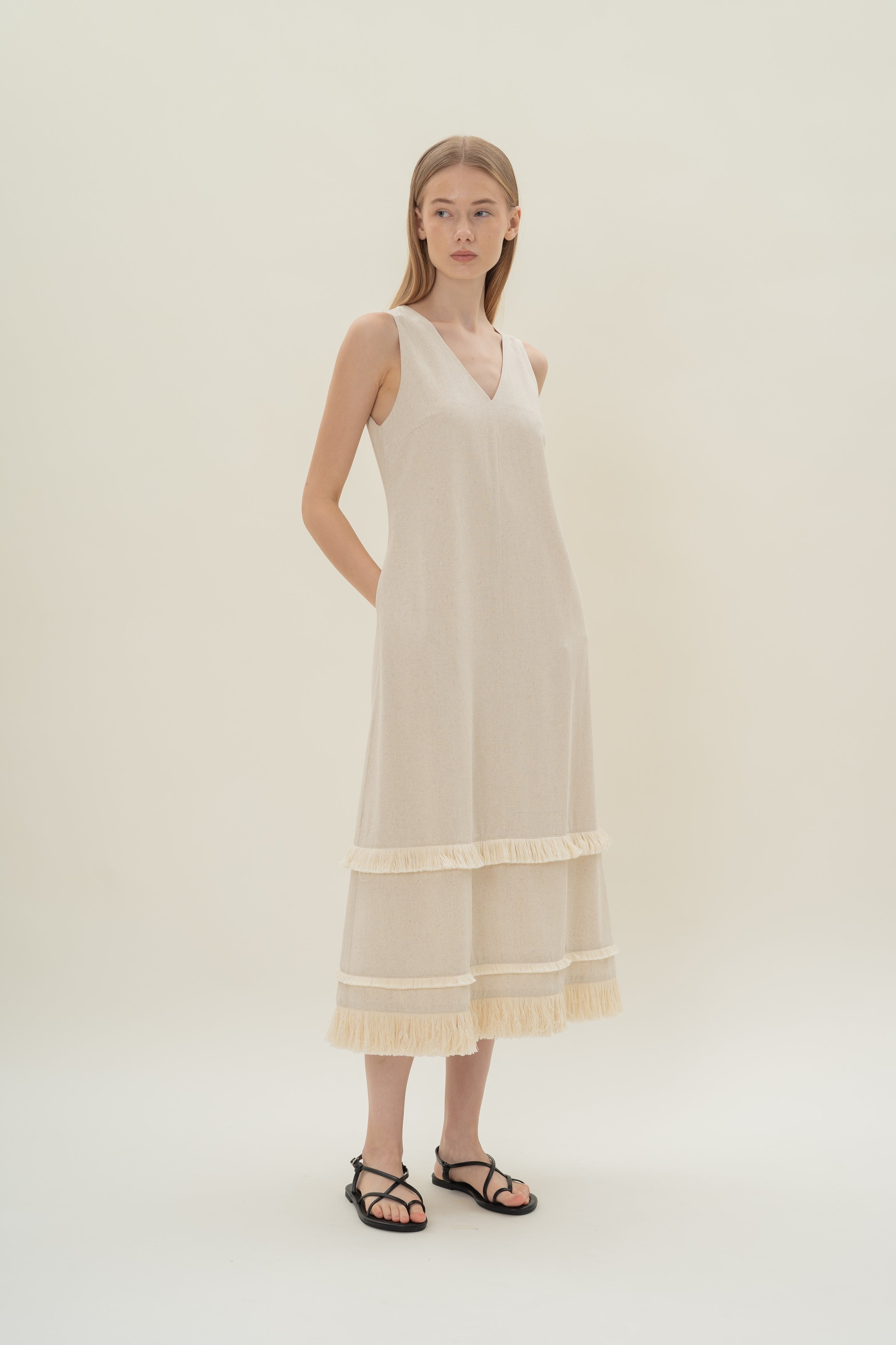 Fringe Tiered Maxi Dress in Natural