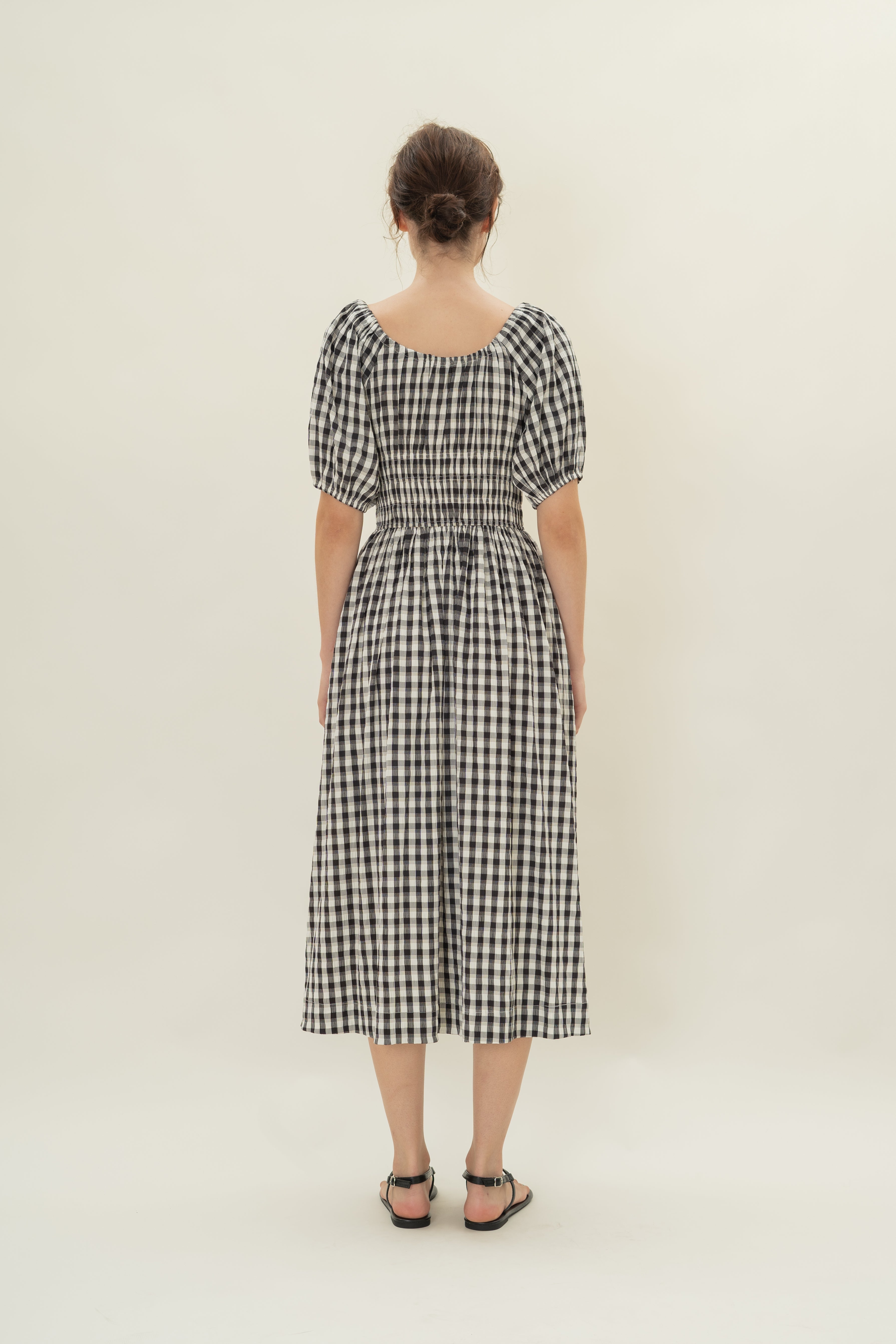 Shirred Waist Puff Sleeve Dress in Black Gingham