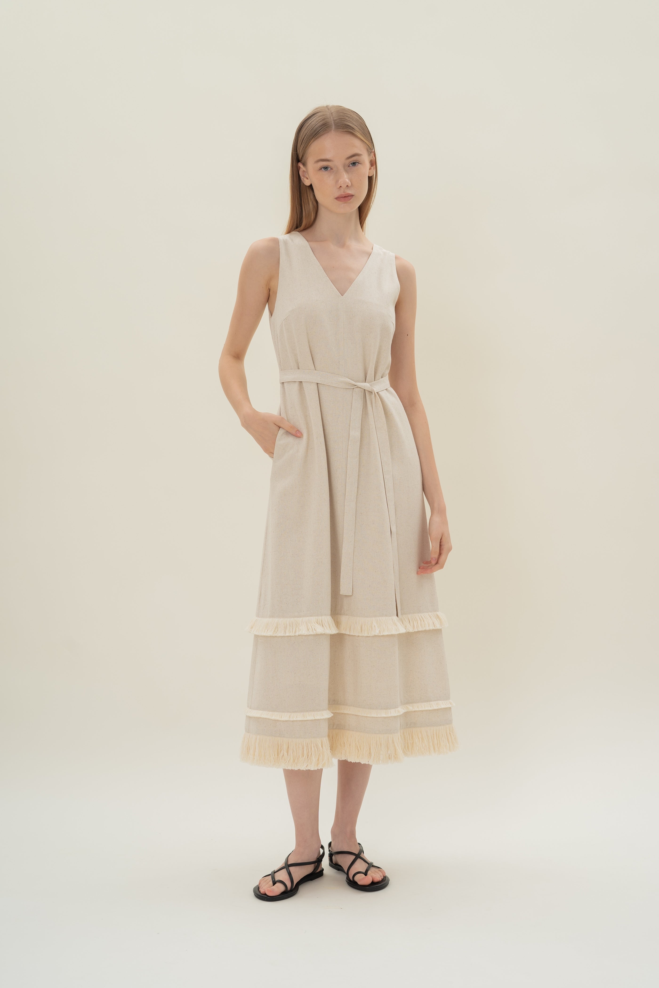 Fringe Tiered Maxi Dress in Natural