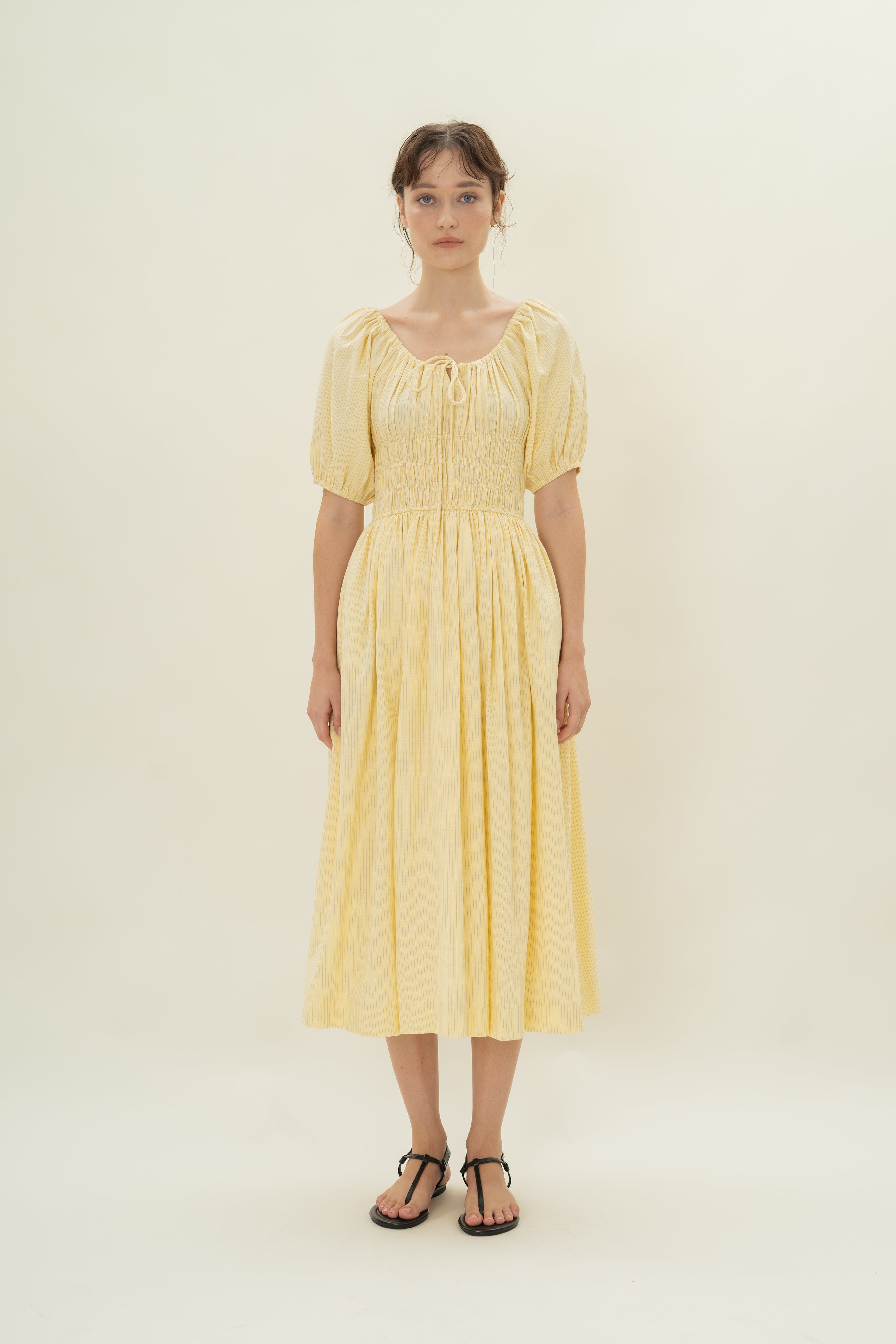 Shirred Waist Puff Sleeve Dress in Lemon Stripes