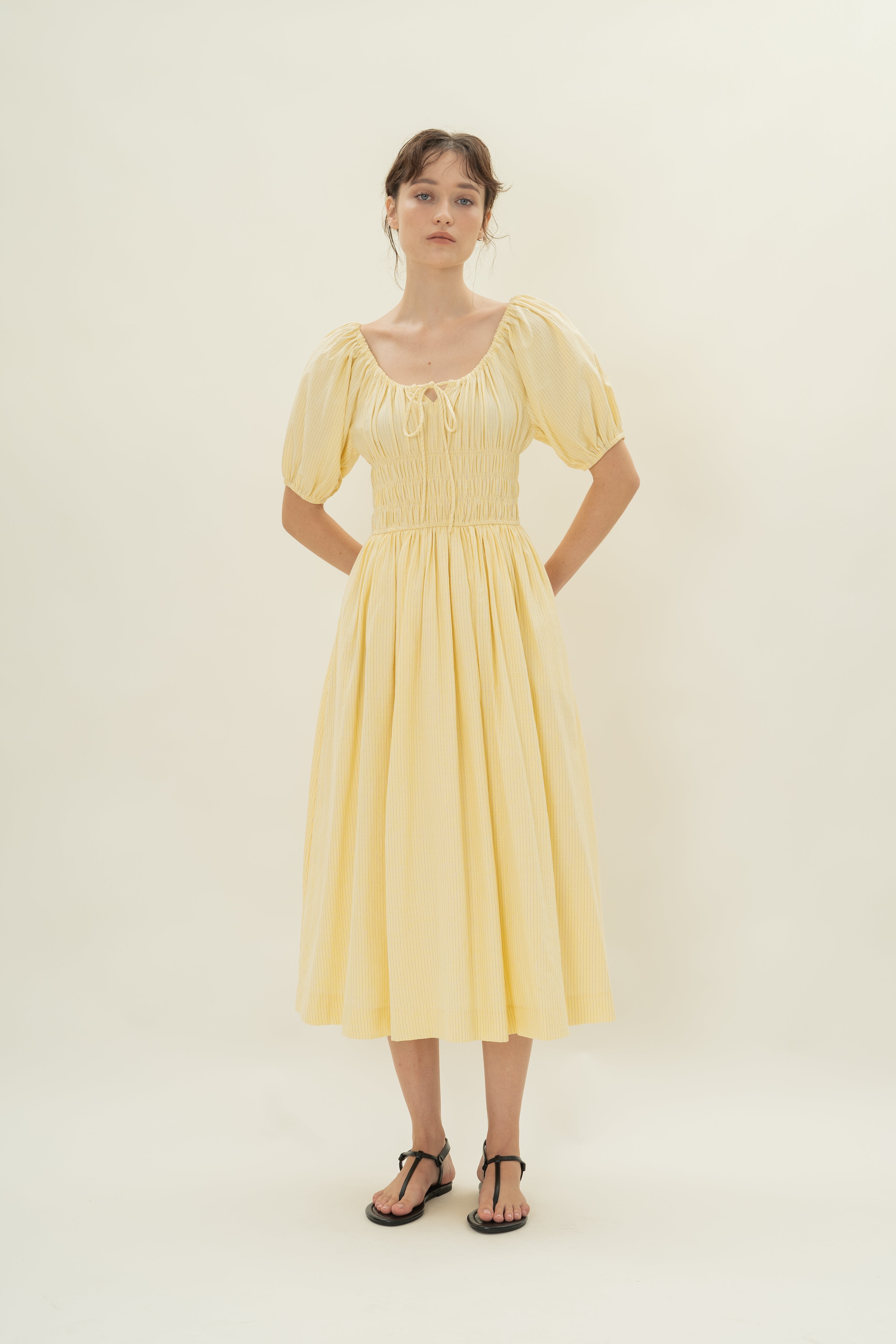 Shirred Waist Puff Sleeve Dress in Lemon Stripes