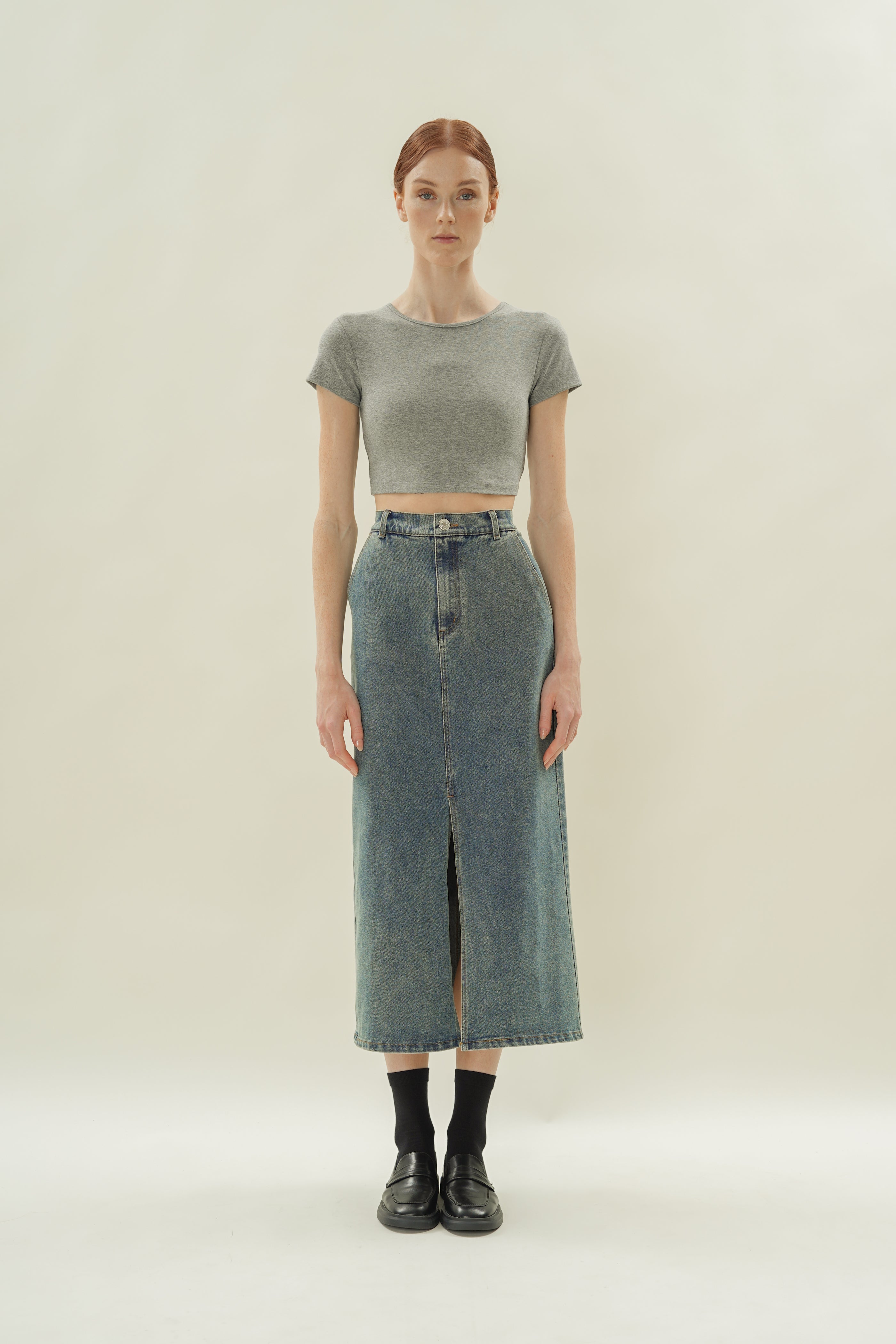 Stretch Cropped Mini Baby Tee in Heather Grey