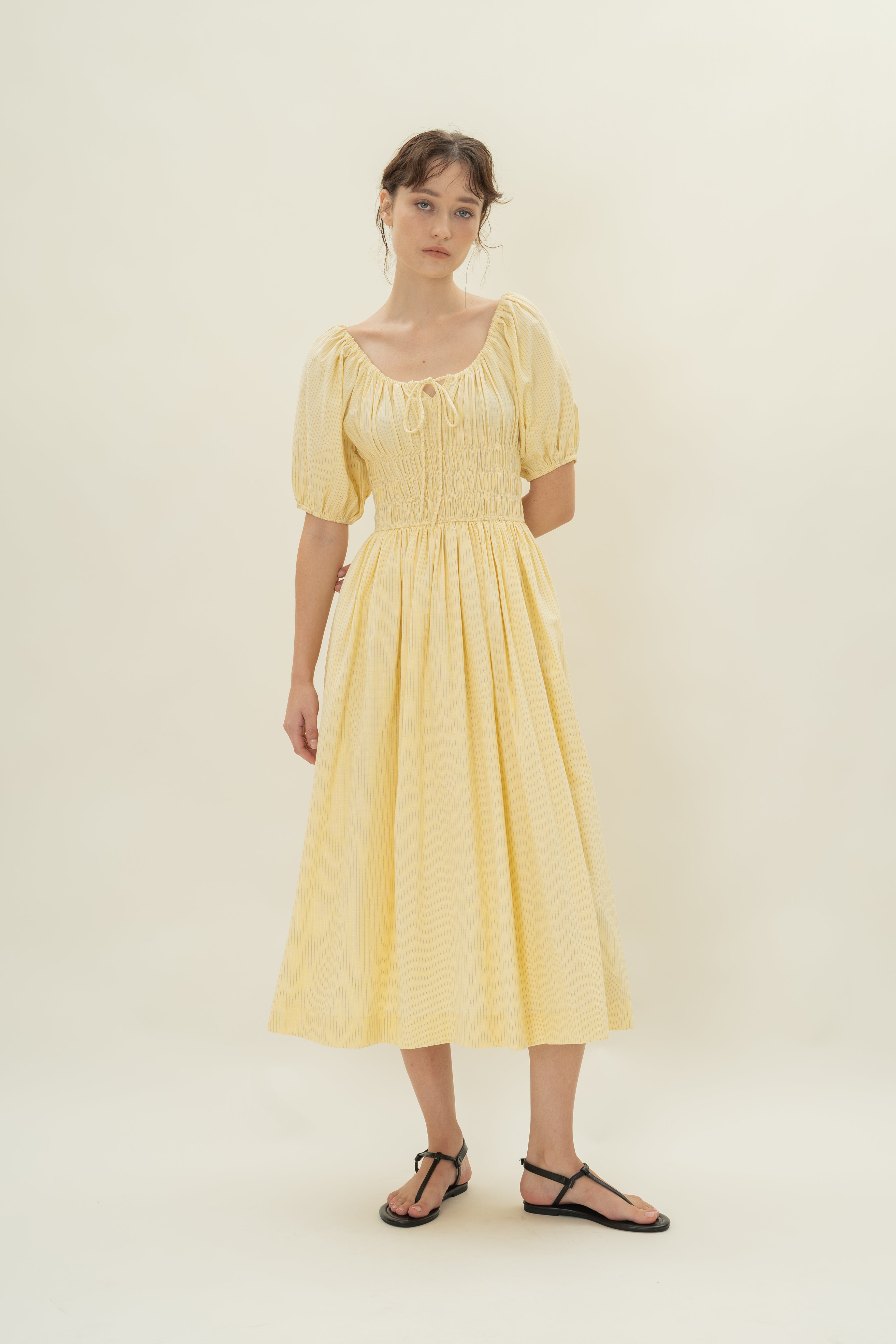 Shirred Waist Puff Sleeve Dress in Lemon Stripes
