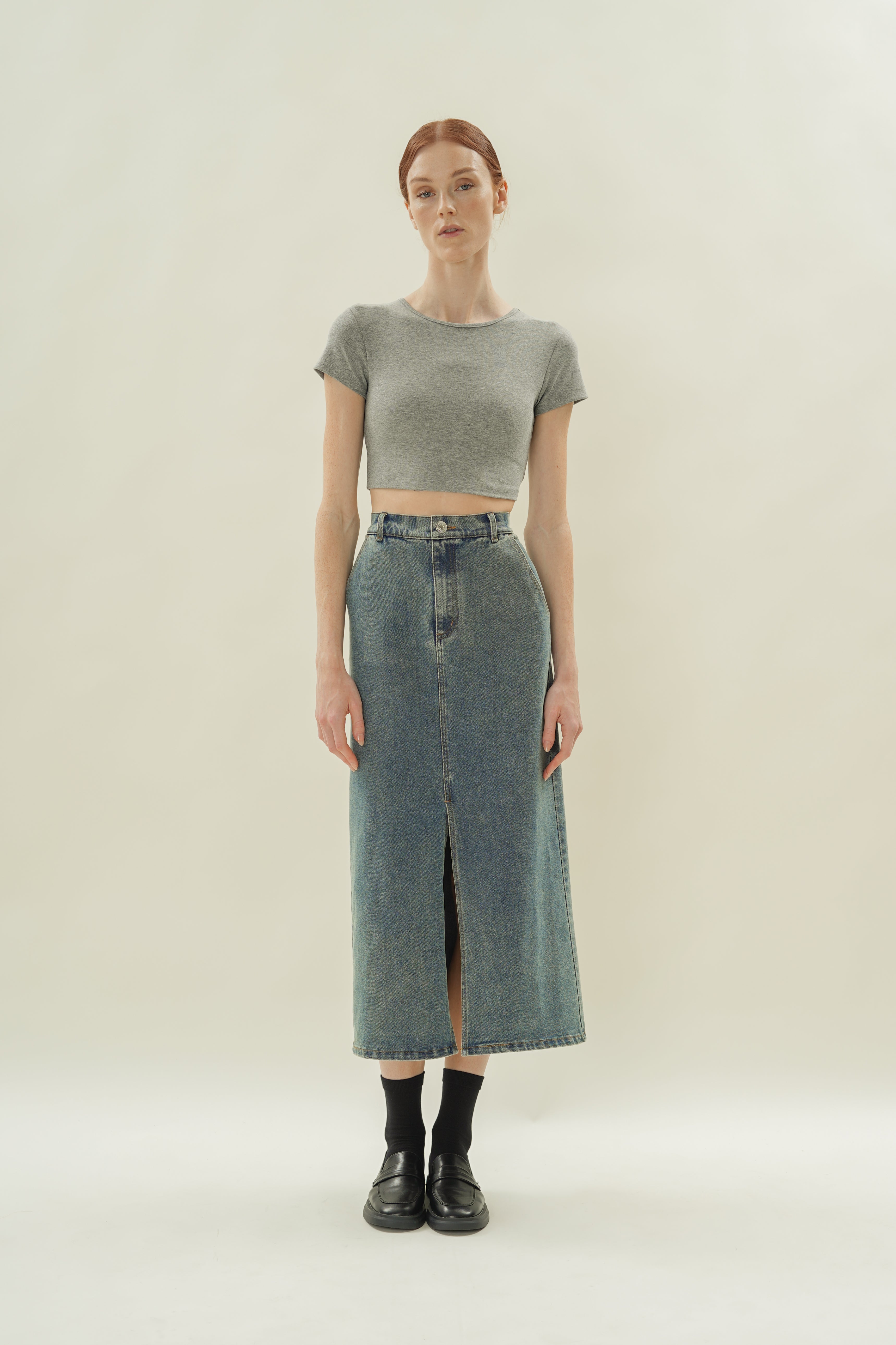 Stretch Cropped Mini Baby Tee in Heather Grey