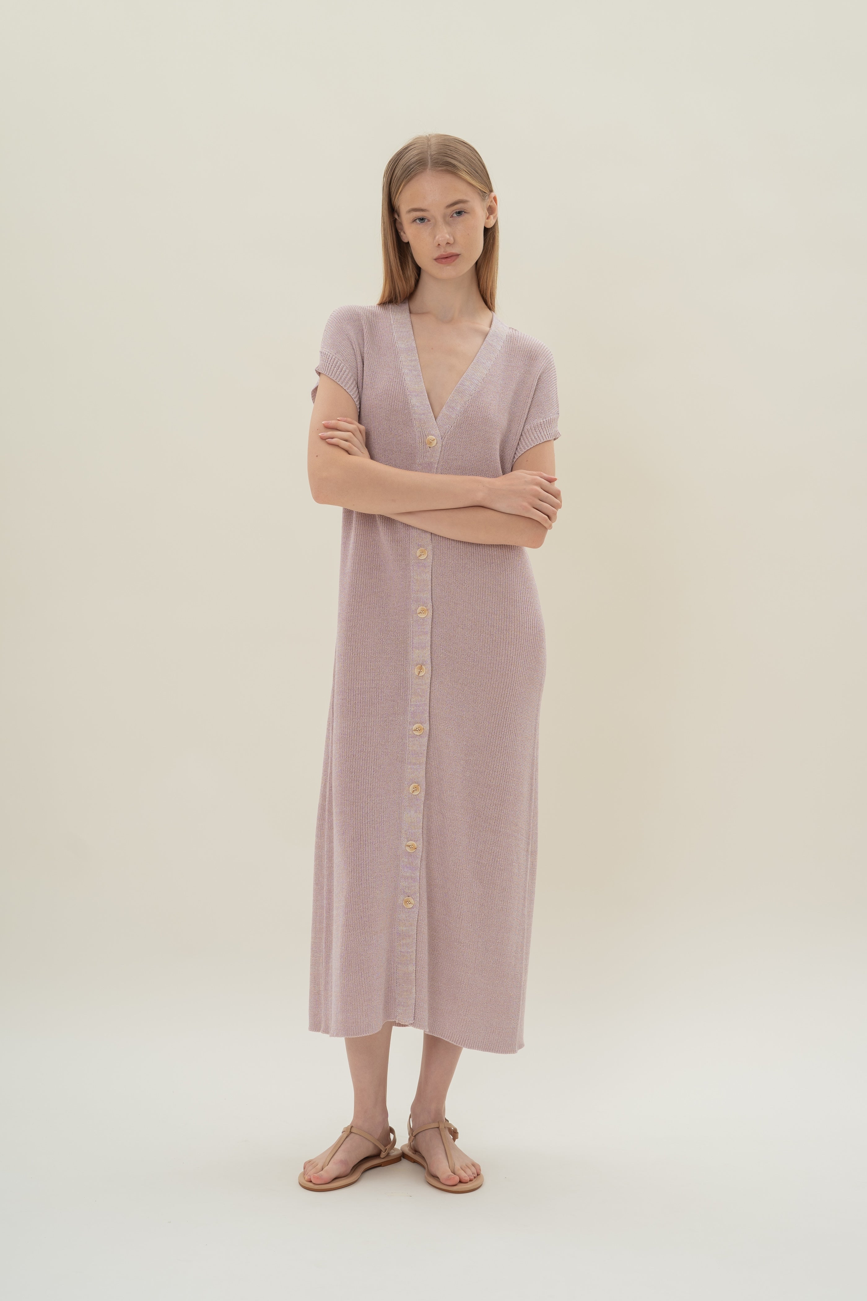 Button Front Melange Knit Dress in Lavender Mist