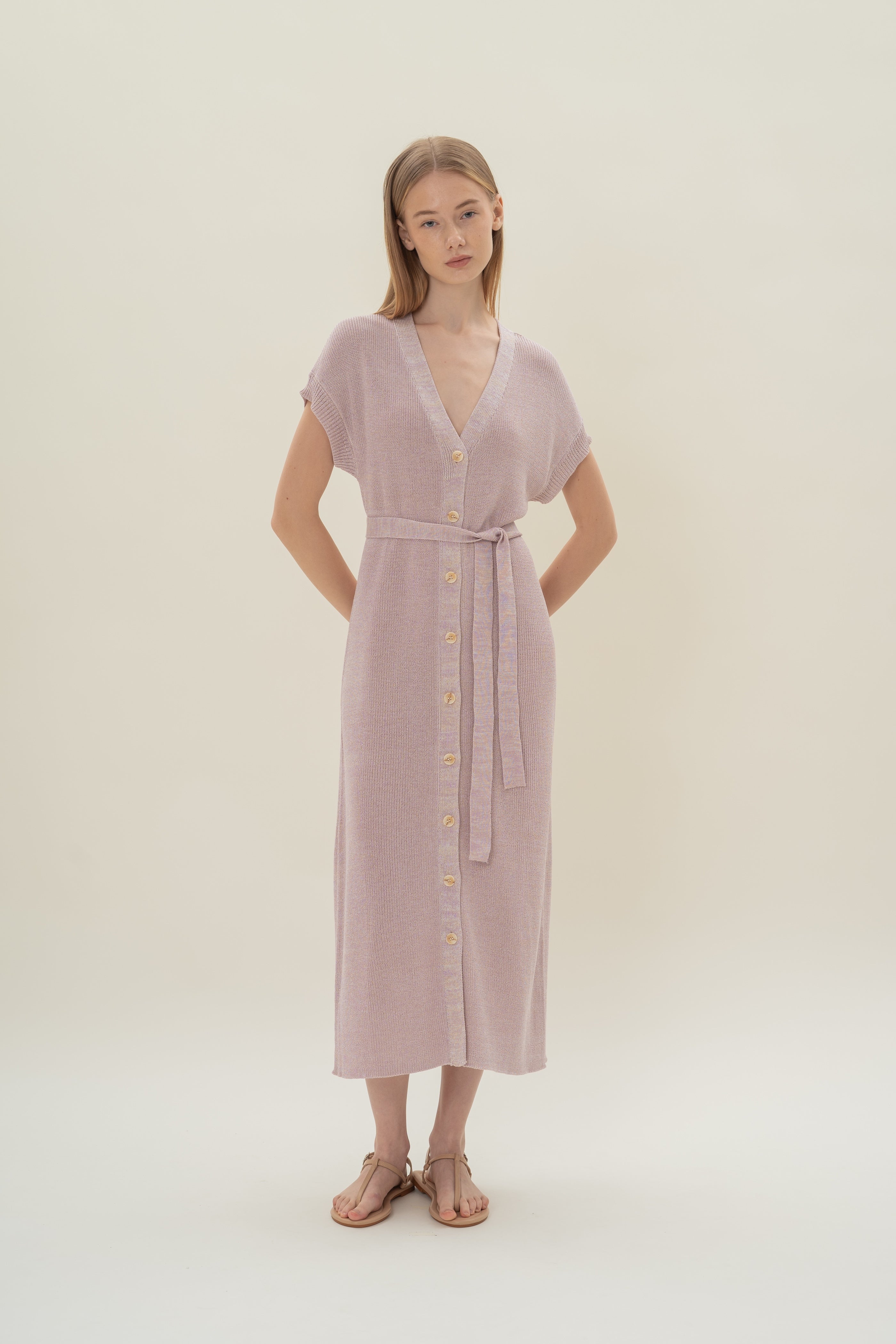 Button Front Melange Knit Dress in Lavender Mist