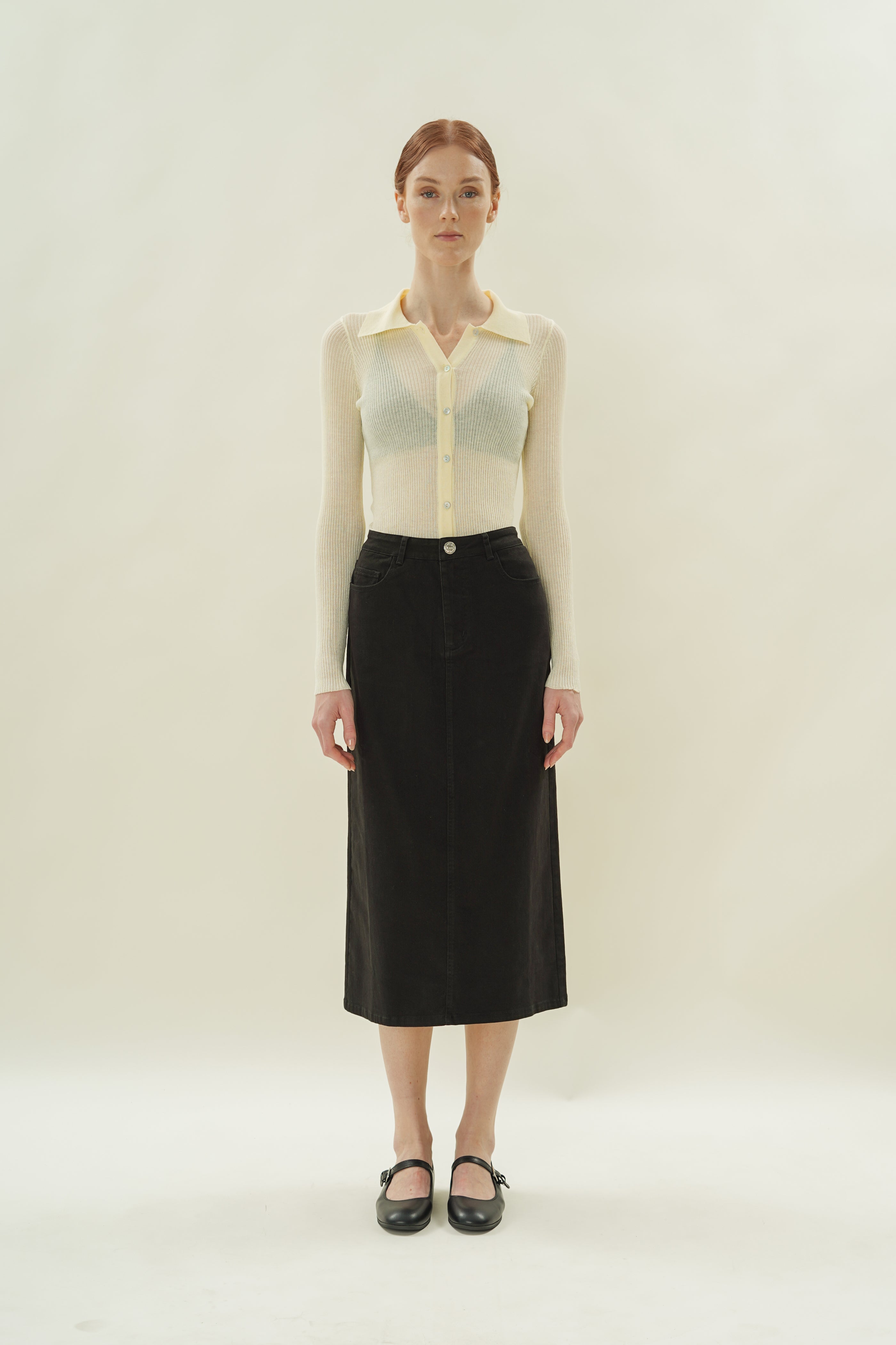 Cotton Twill Straight Midi Skirt in Black