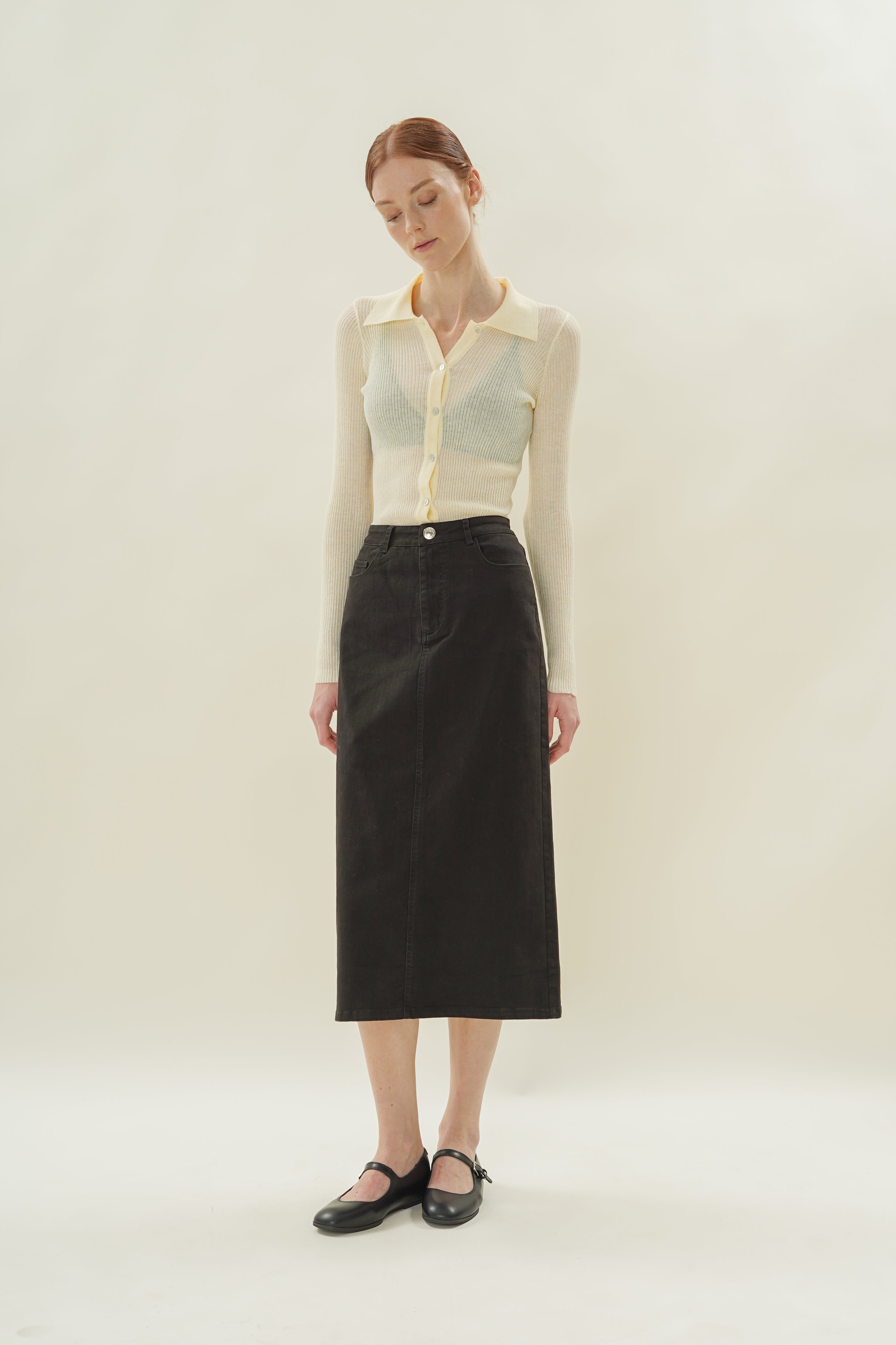 Cotton Twill Straight Midi Skirt in Black