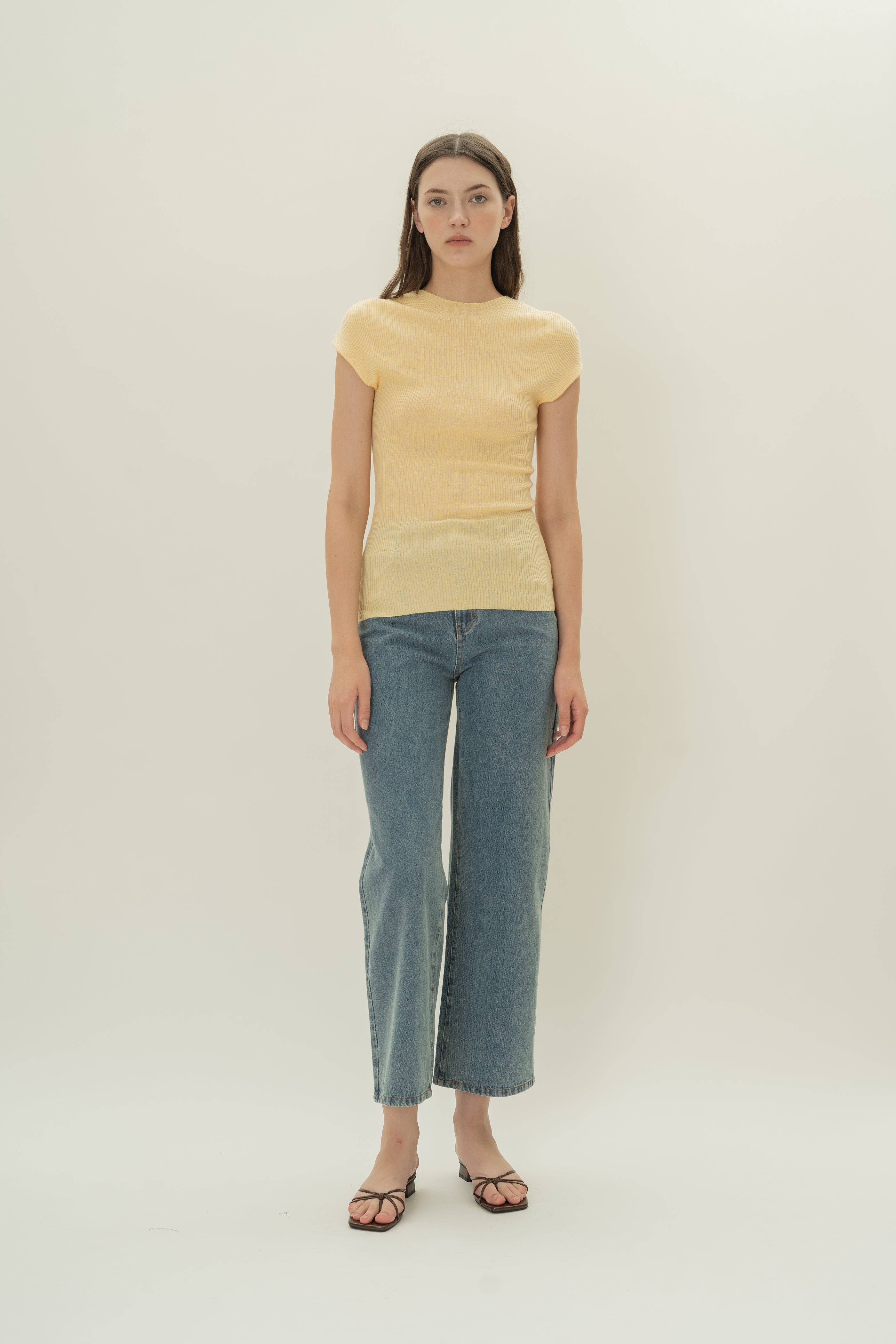 Knitted Cap Sleeve Fitted Top in Yolk Yellow