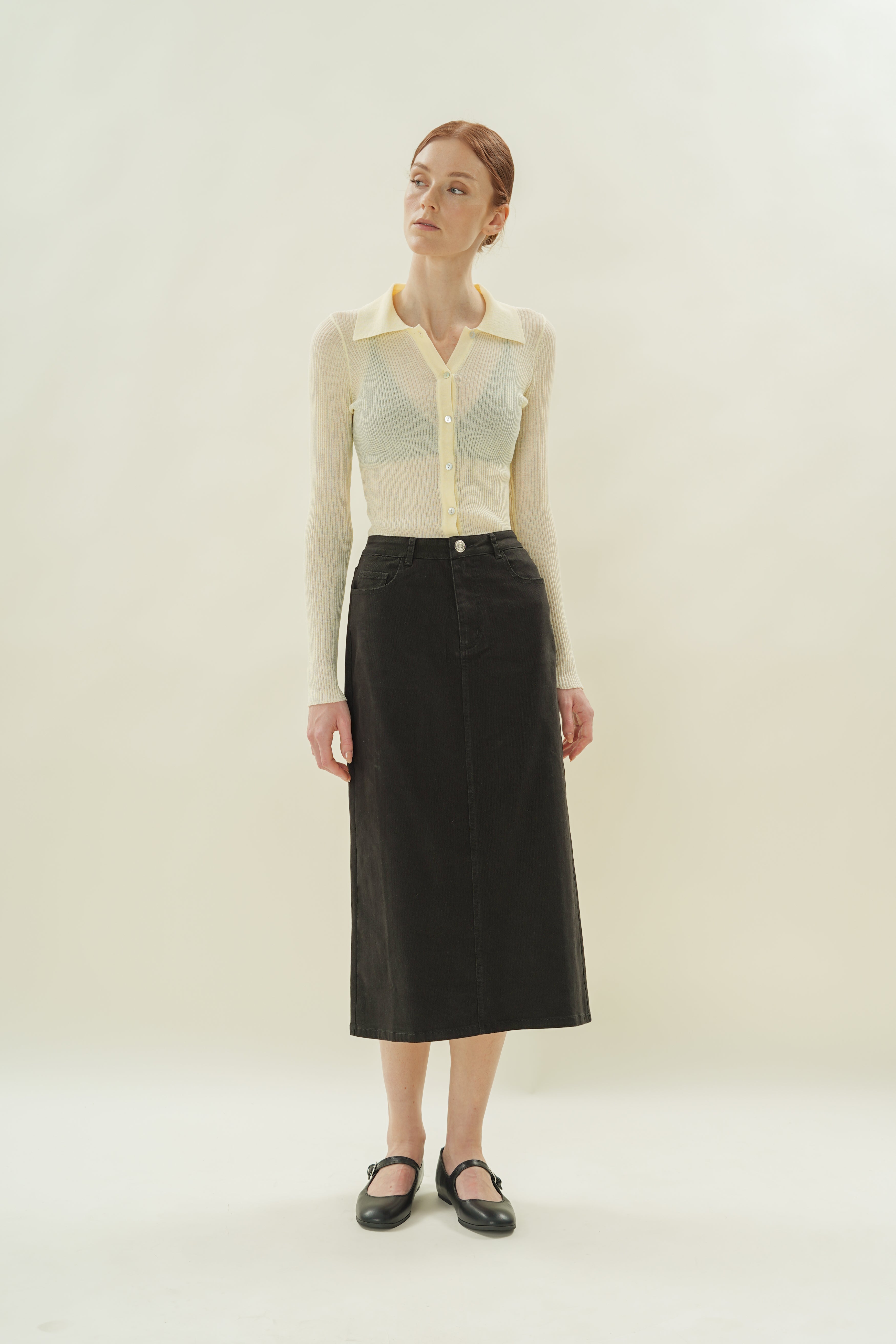Cotton Twill Straight Midi Skirt in Black