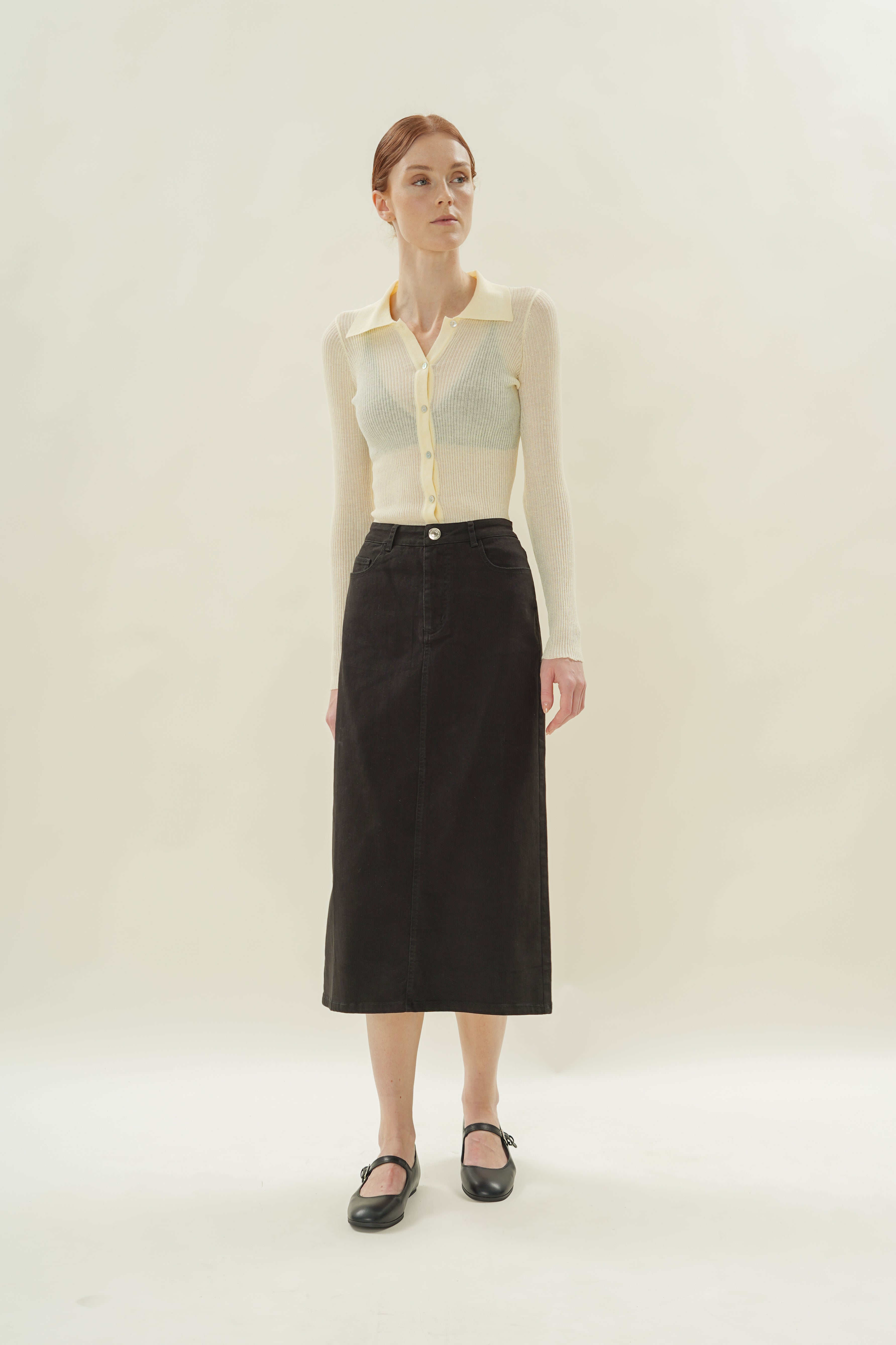 Cotton Twill Straight Midi Skirt in Black