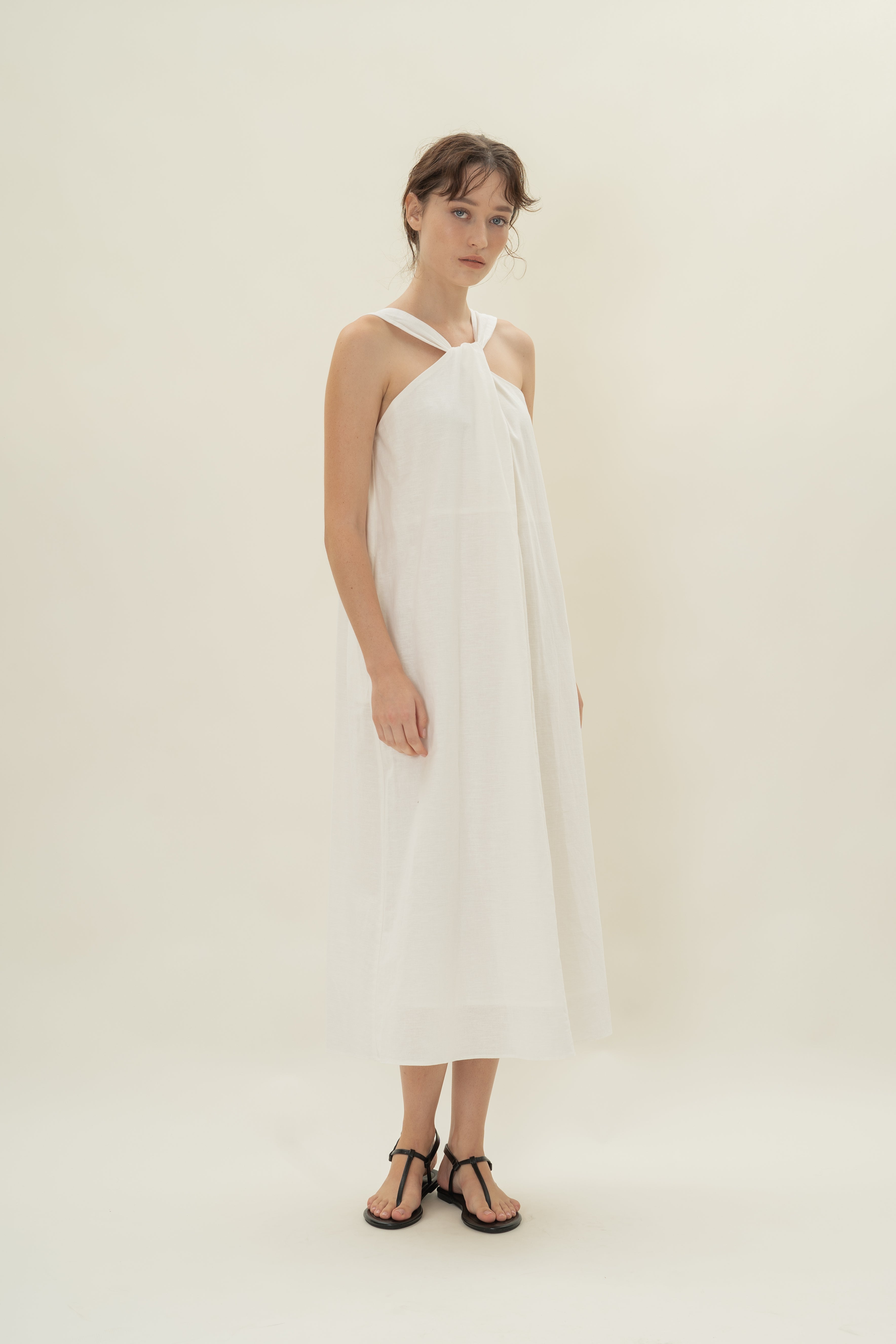Reversible Knotted Neckline Midi Dress in White
