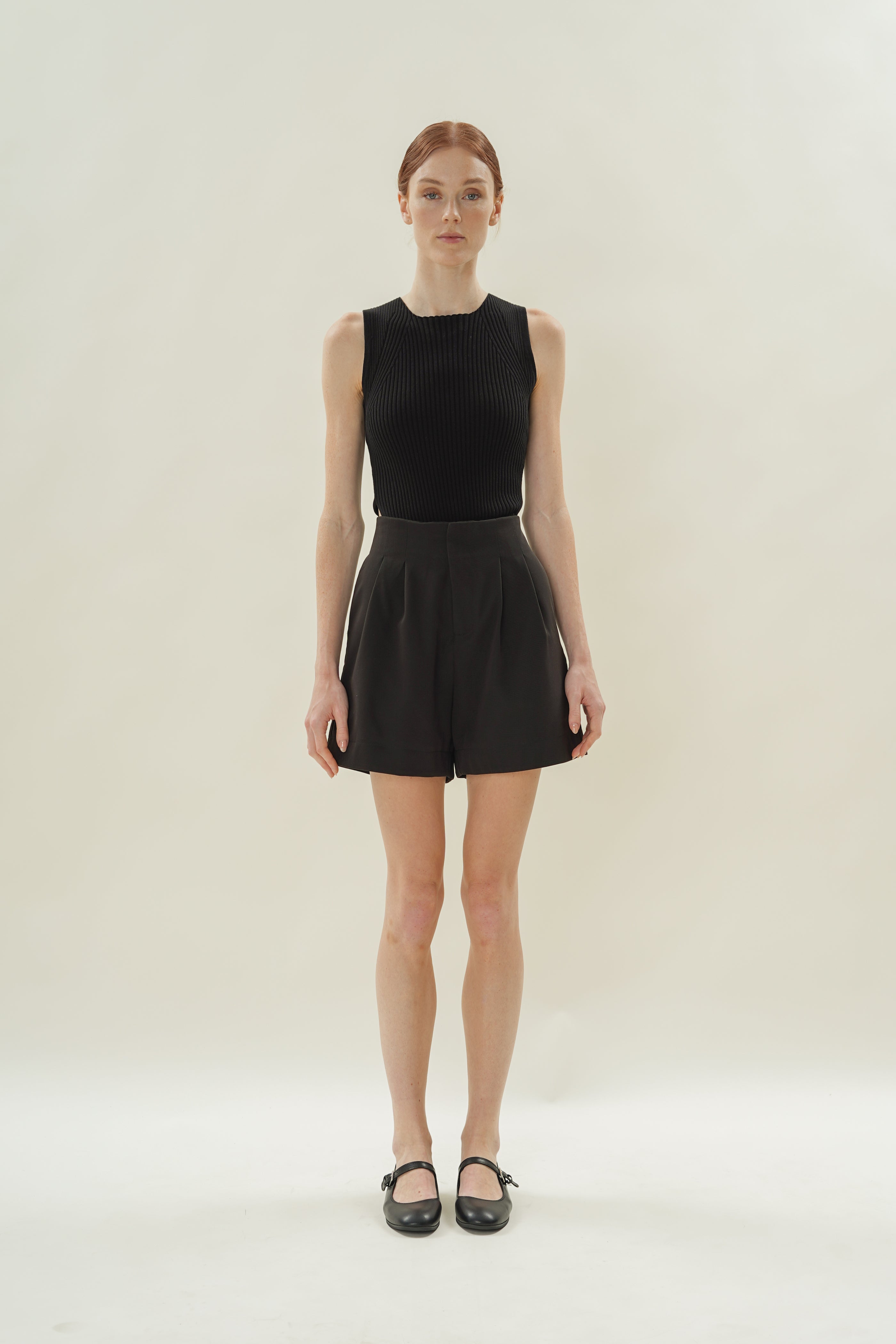 Cotton Blend Pleated Shorts in Black