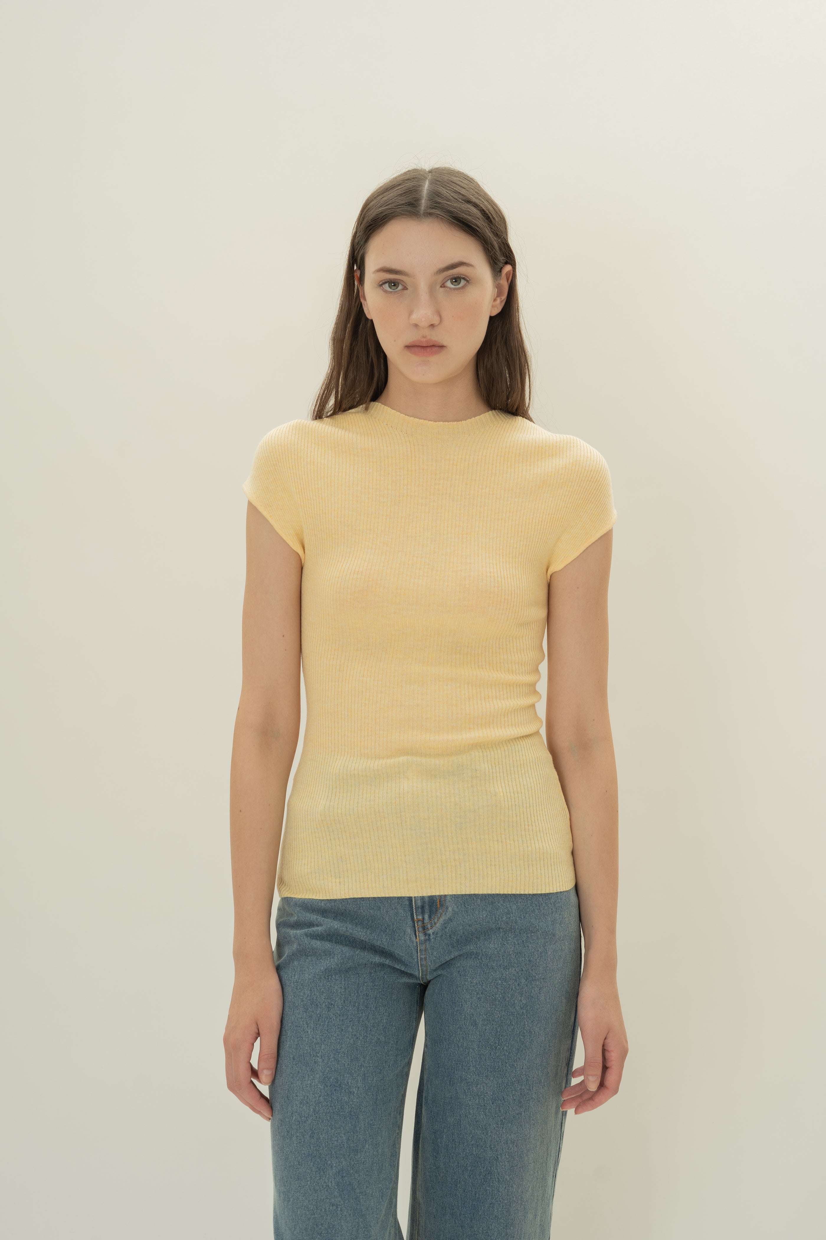 Knitted Cap Sleeve Fitted Top in Yolk Yellow