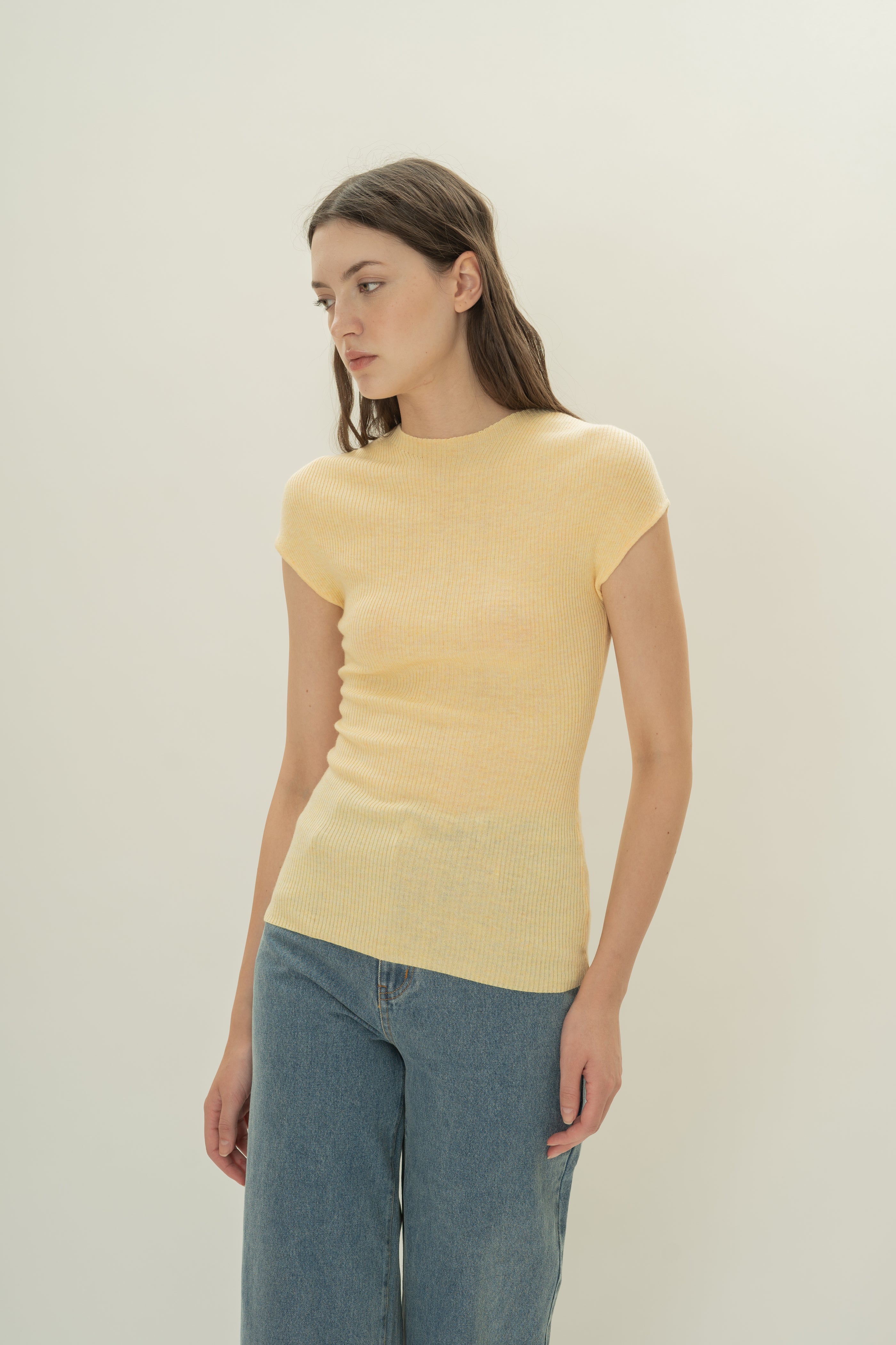 Knitted Cap Sleeve Fitted Top in Yolk Yellow