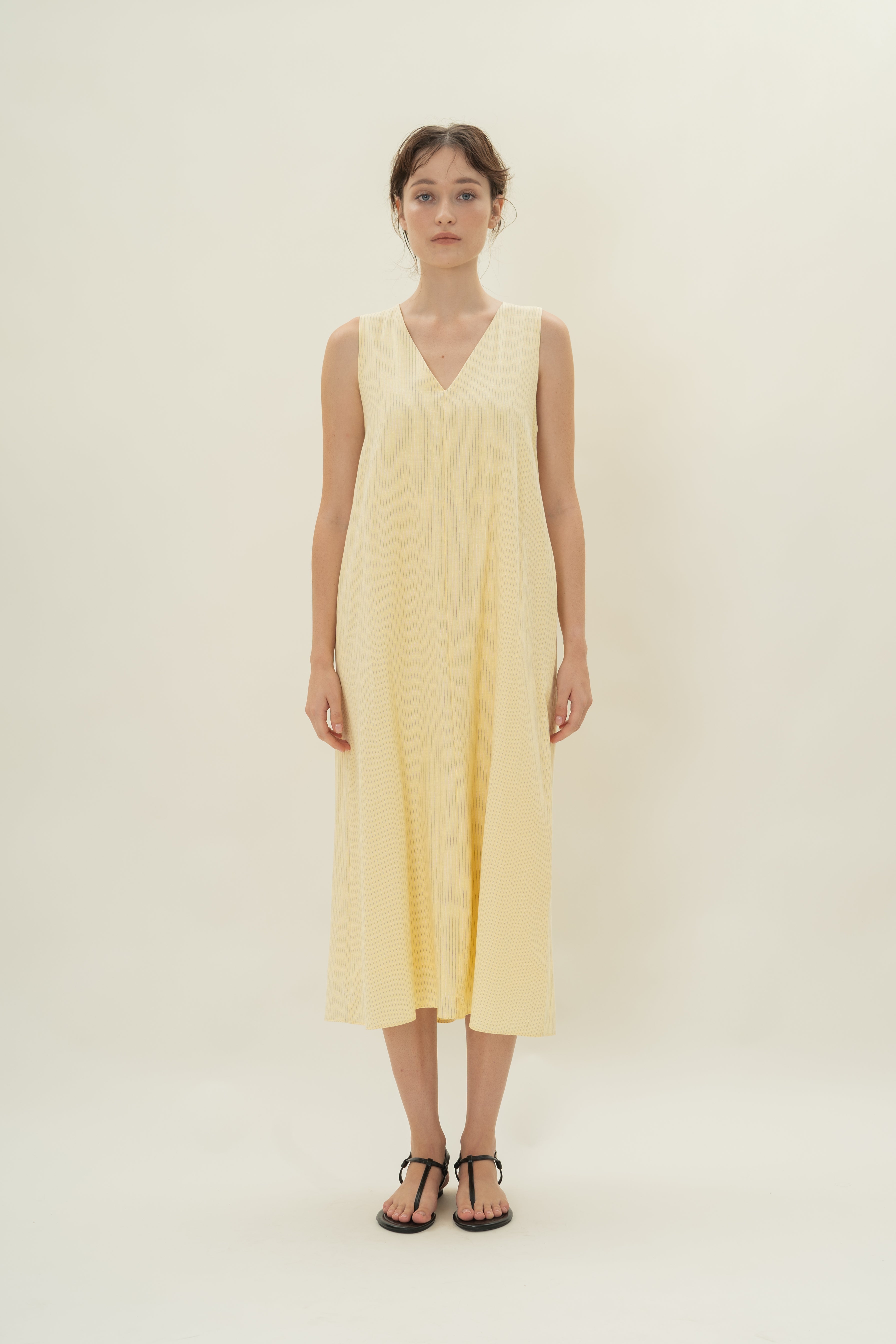 Reversible Knotted Neckline Midi Dress in Linen Blend Lemon Stripes