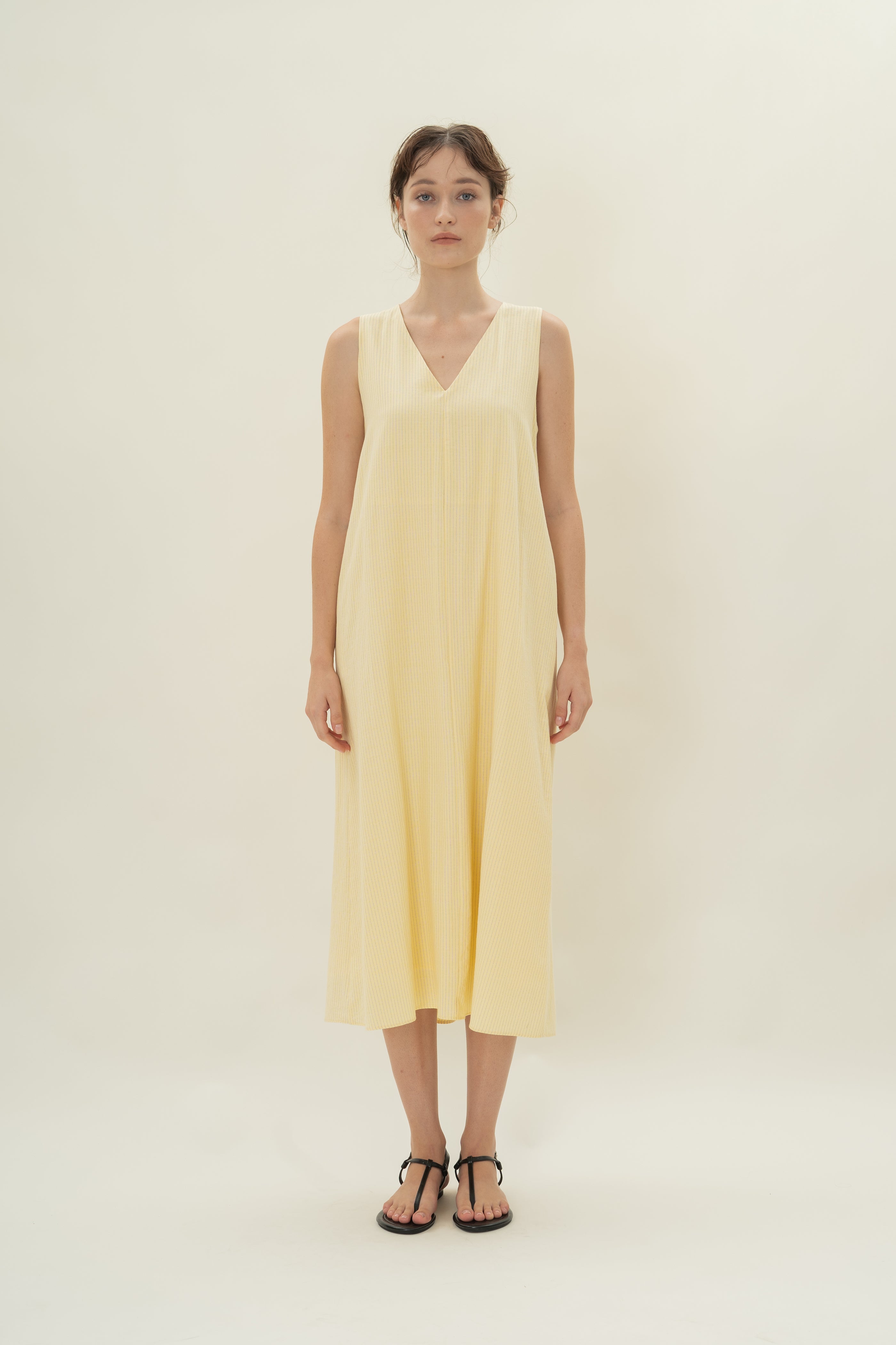 Reversible Knotted Neckline Midi Dress in Linen Blend Lemon Stripes