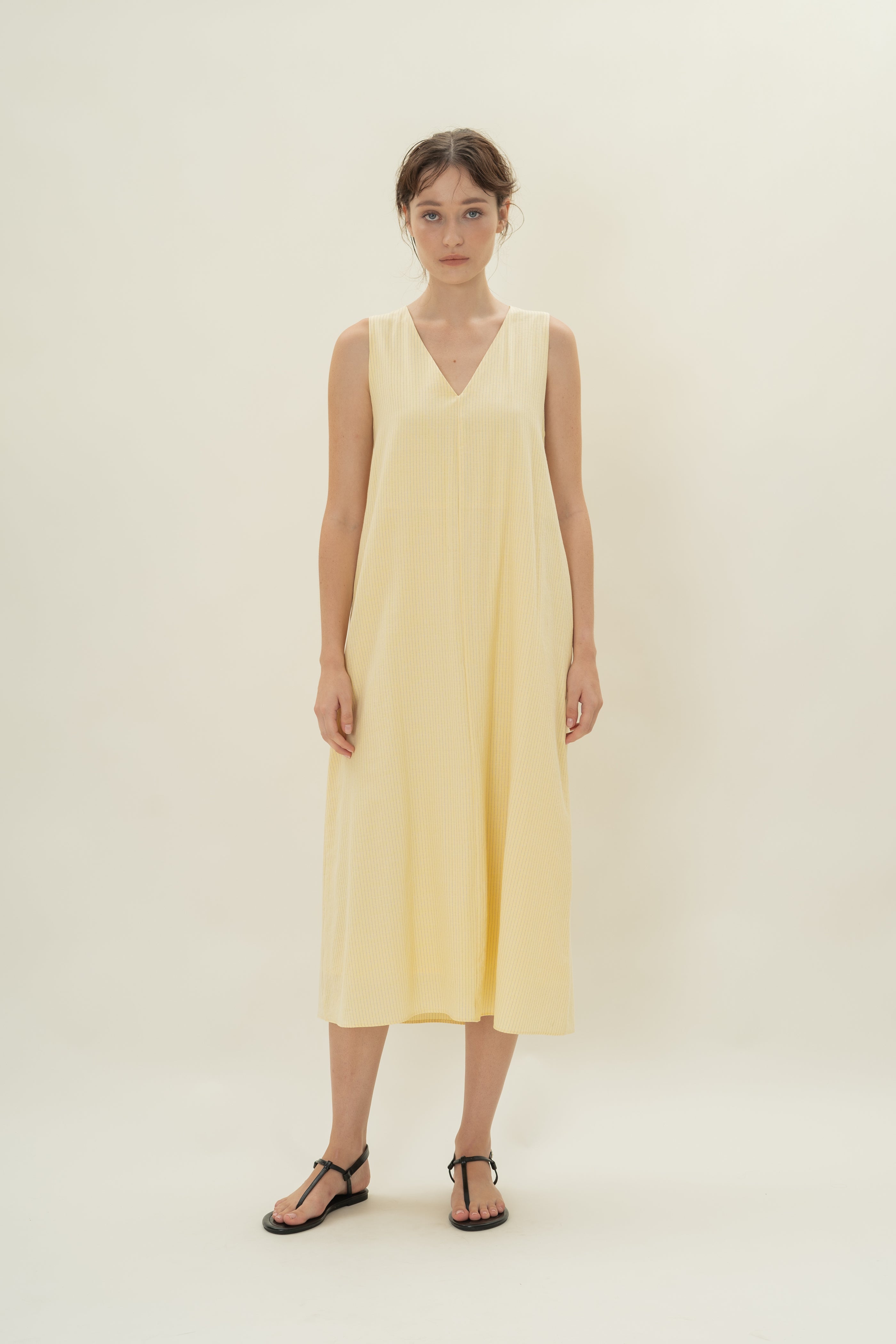 Reversible Knotted Neckline Midi Dress in Linen Blend Lemon Stripes