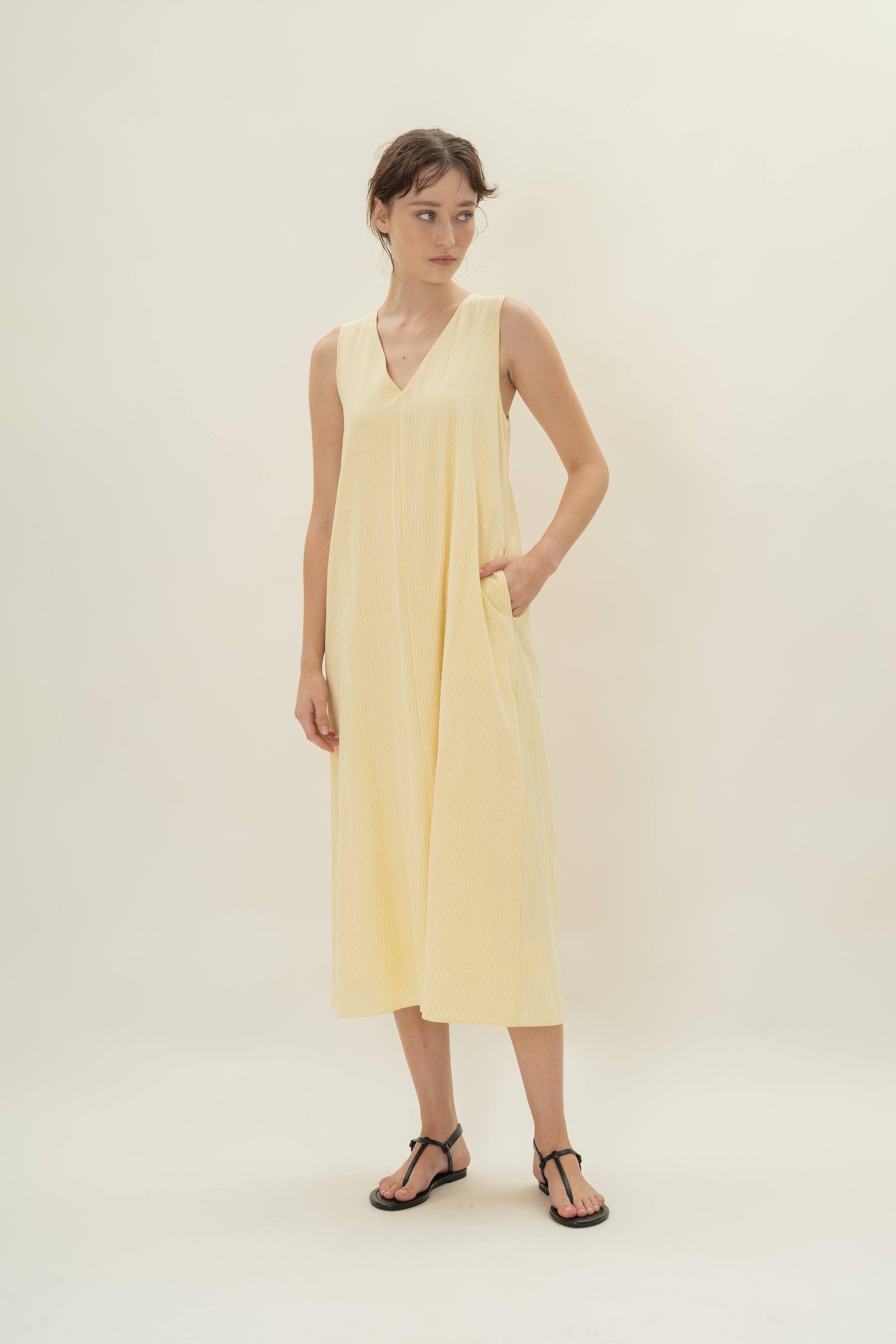 Reversible Knotted Neckline Midi Dress in Linen Blend Lemon Stripes