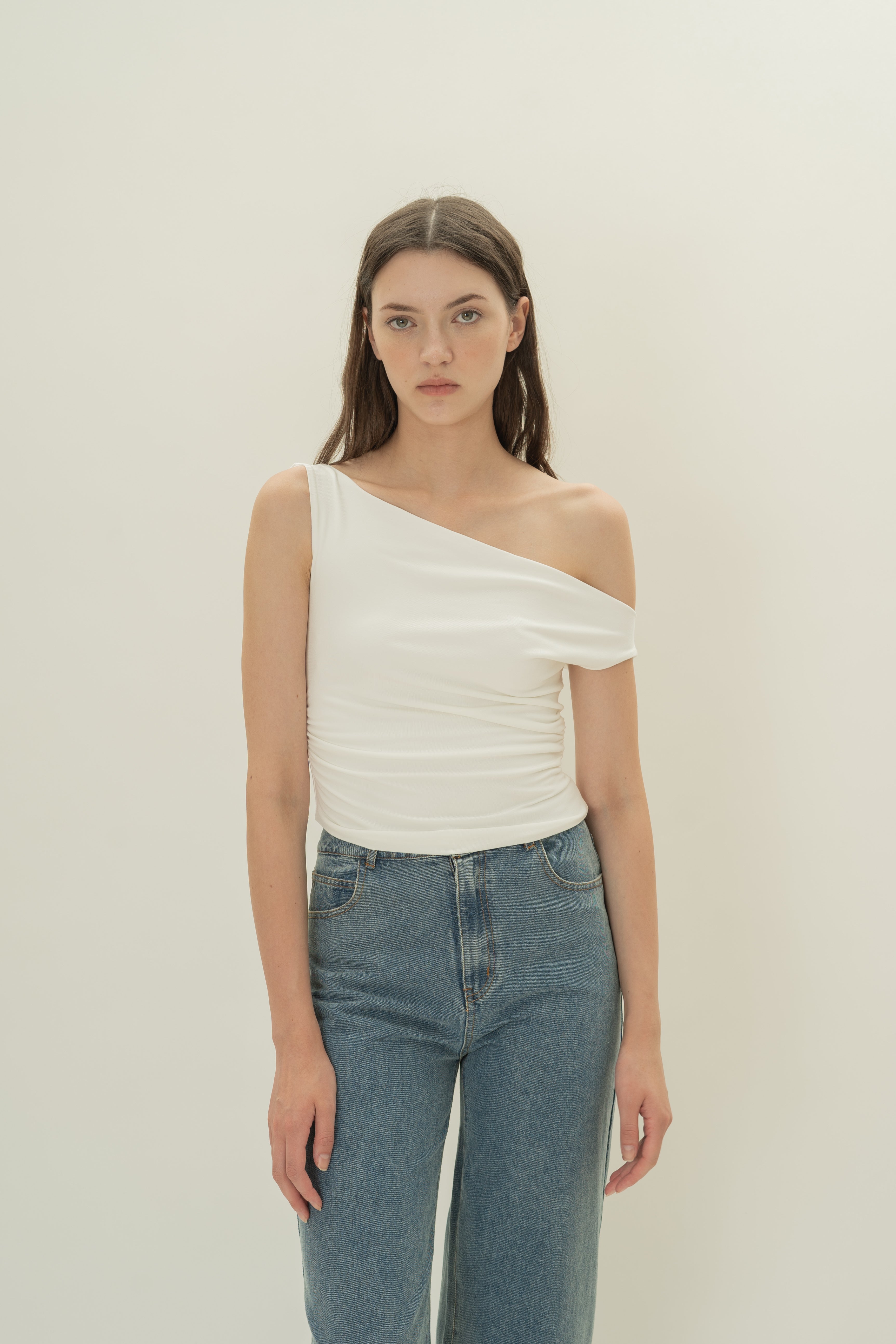 Off Shoulder Ruched Waist Top in White