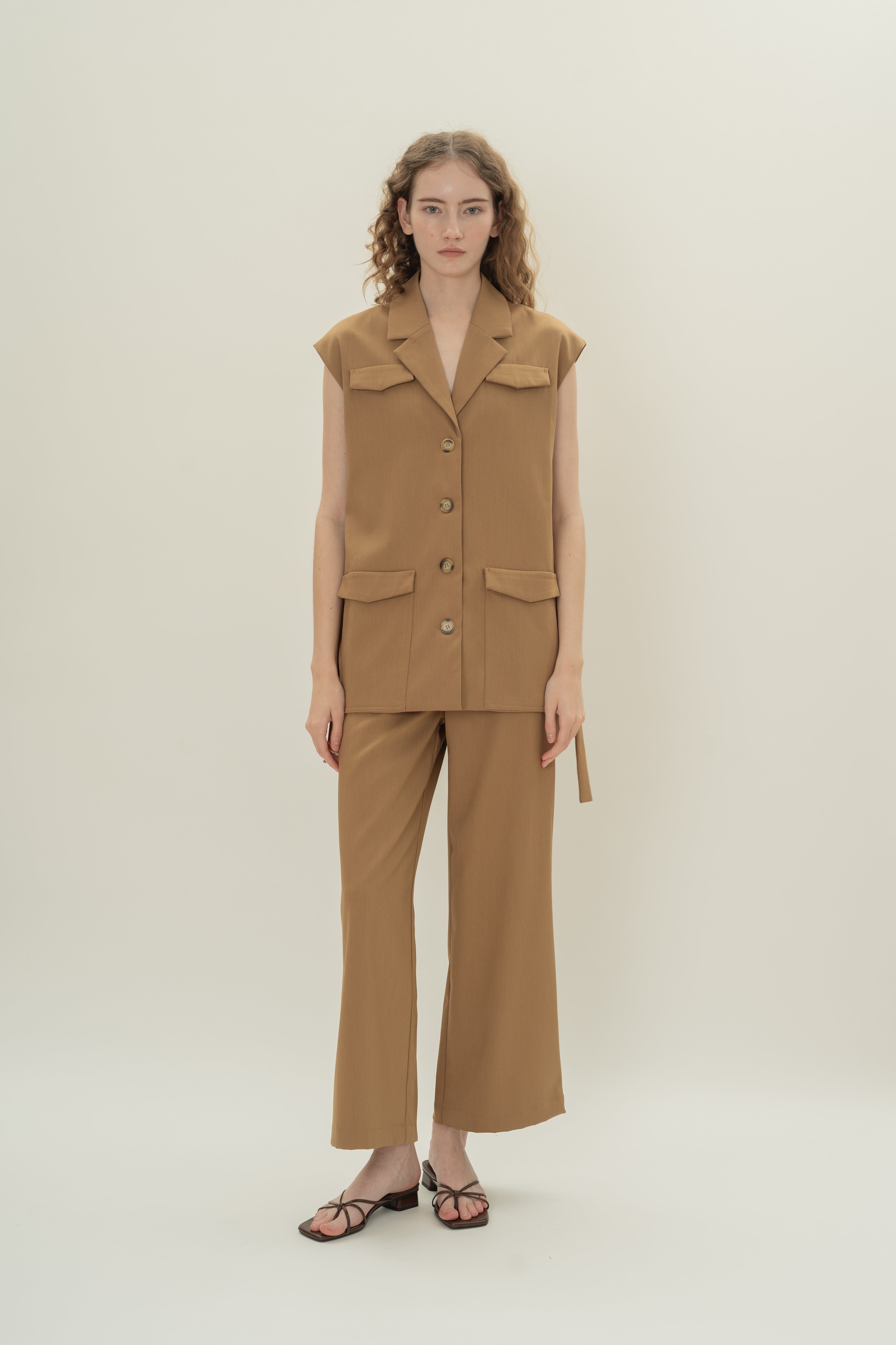 Sleeveless Belted Blazer in Camel