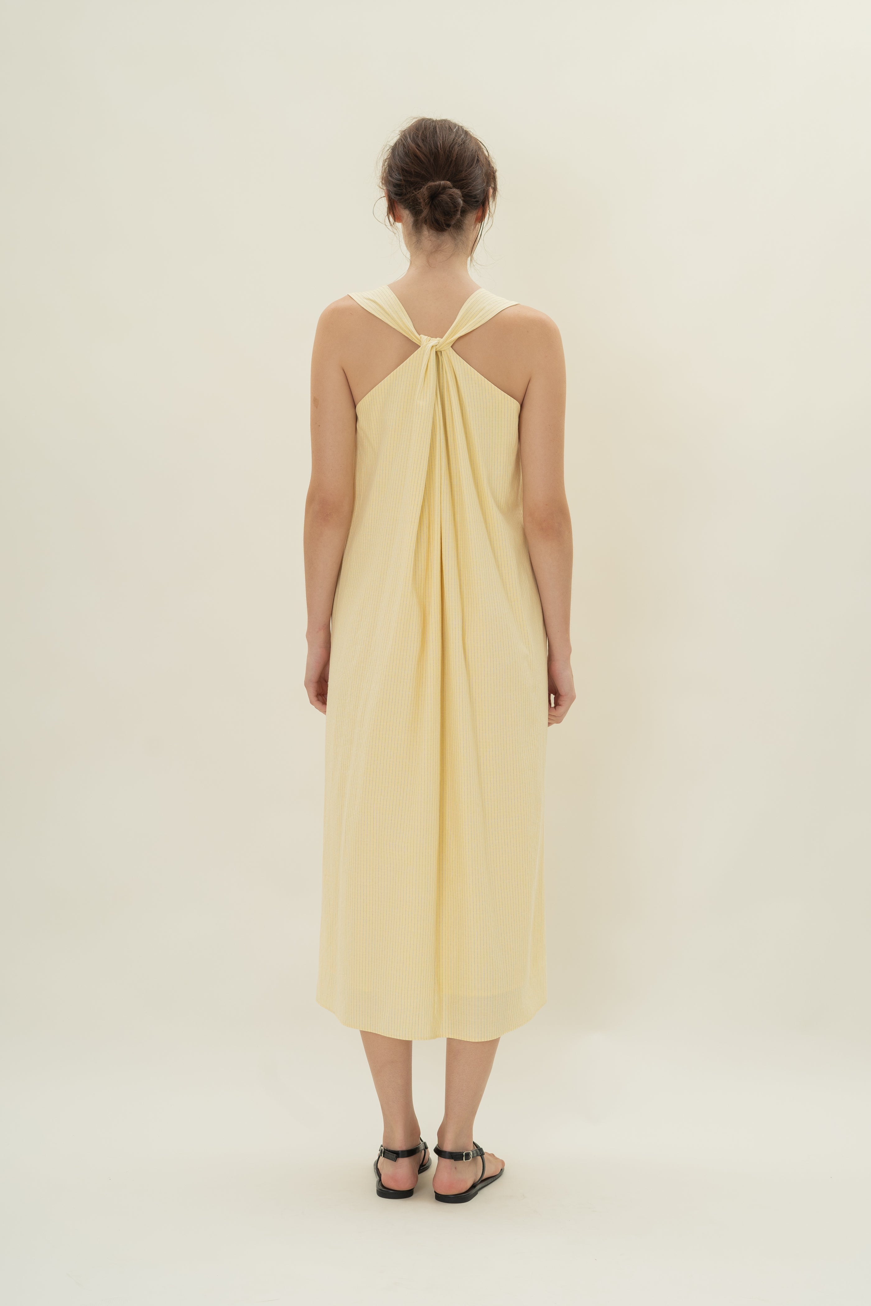 Reversible Knotted Neckline Midi Dress in Linen Blend Lemon Stripes