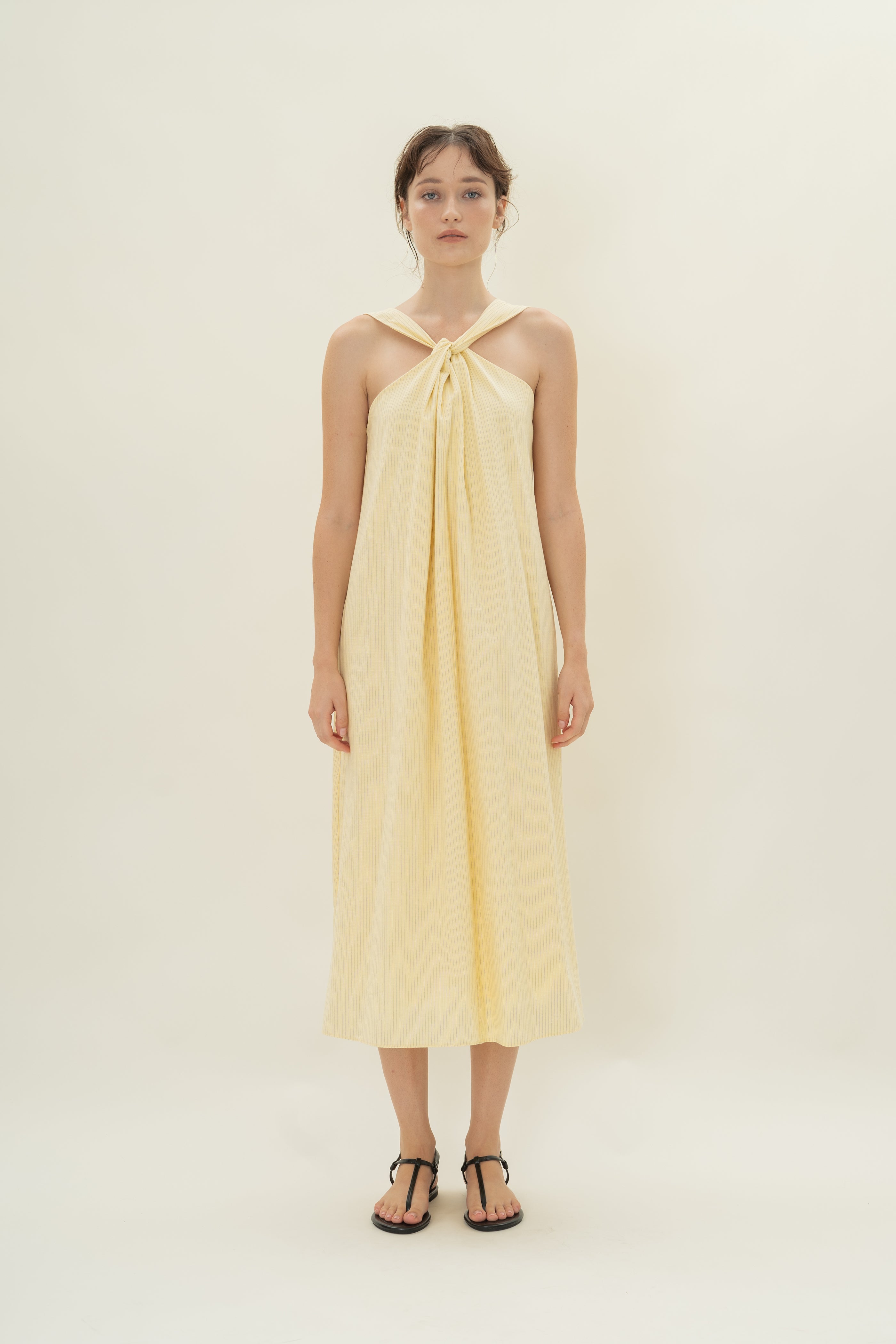 Reversible Knotted Neckline Midi Dress in Linen Blend Lemon Stripes