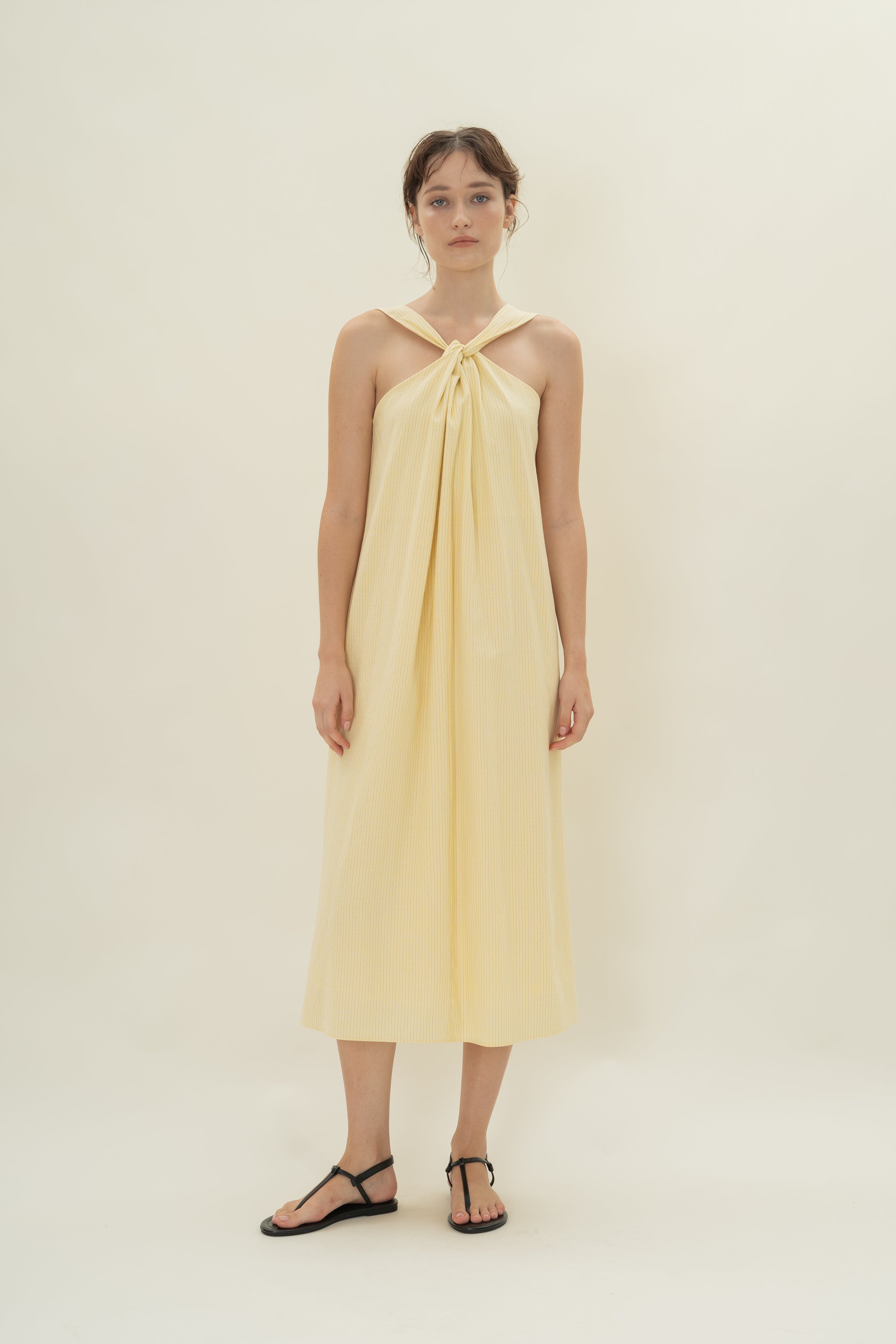 Reversible Knotted Neckline Midi Dress in Linen Blend Lemon Stripes