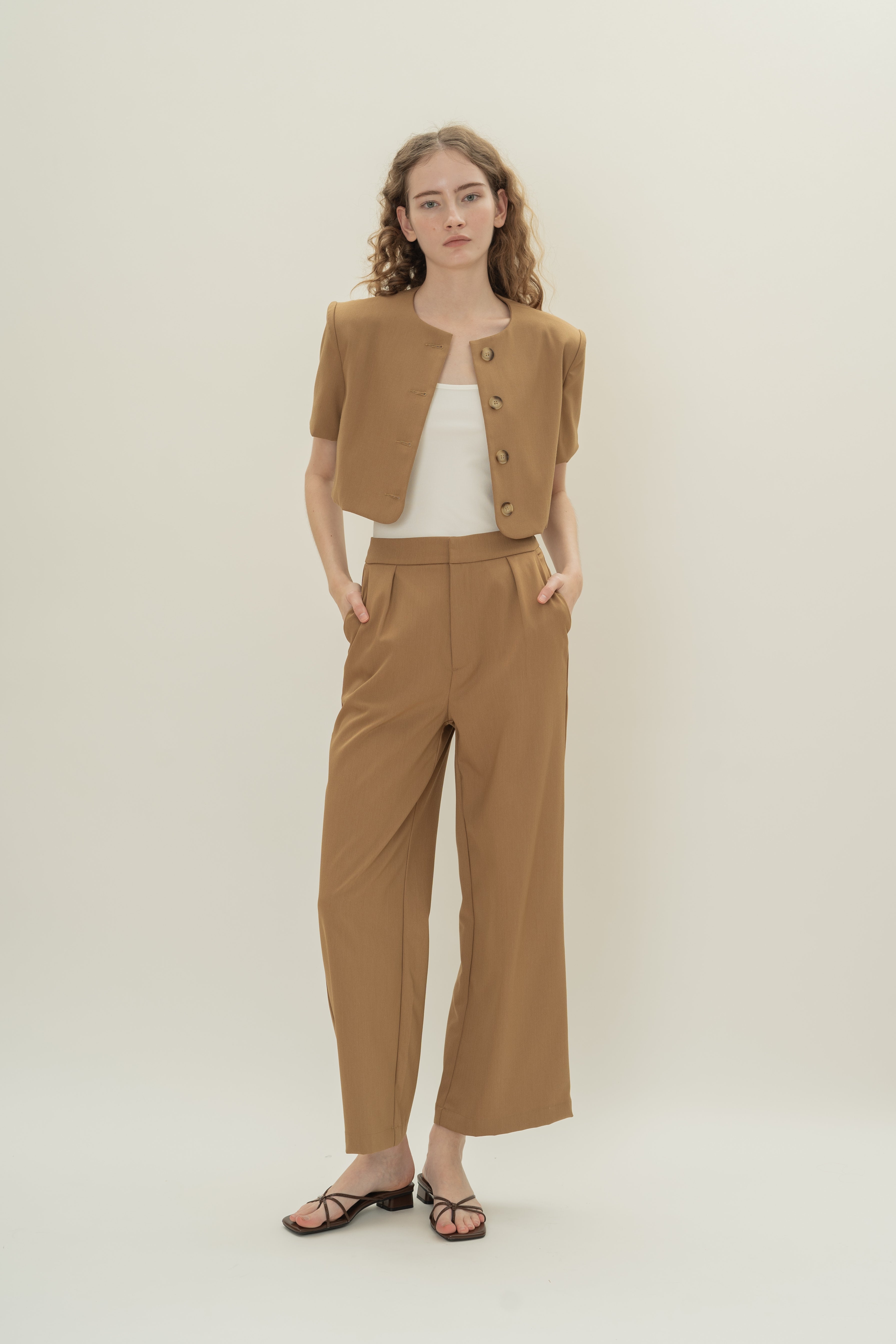 Petite Suiting Pleated Trousers in Camel