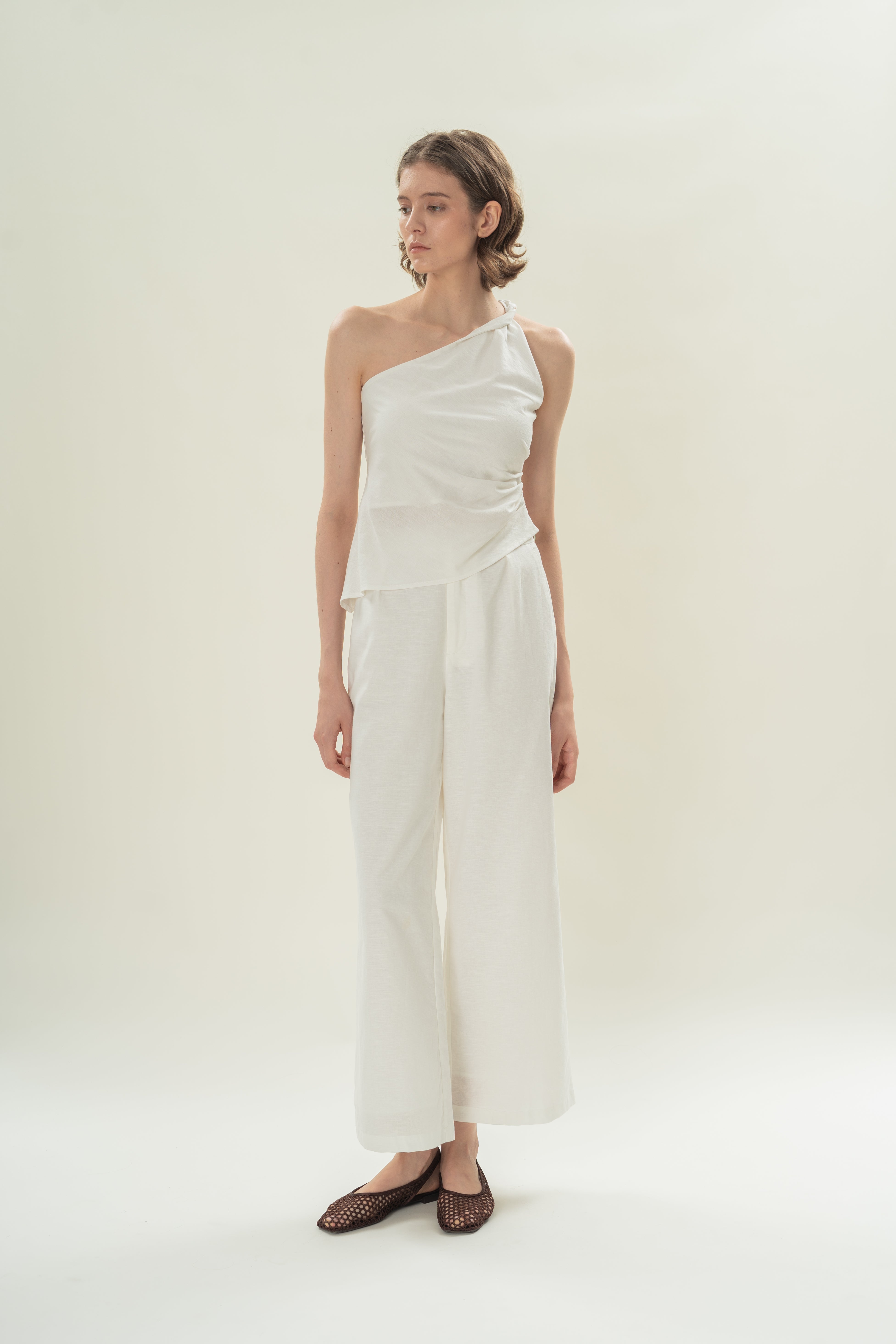 Draped Twist Knot Toga Top in White