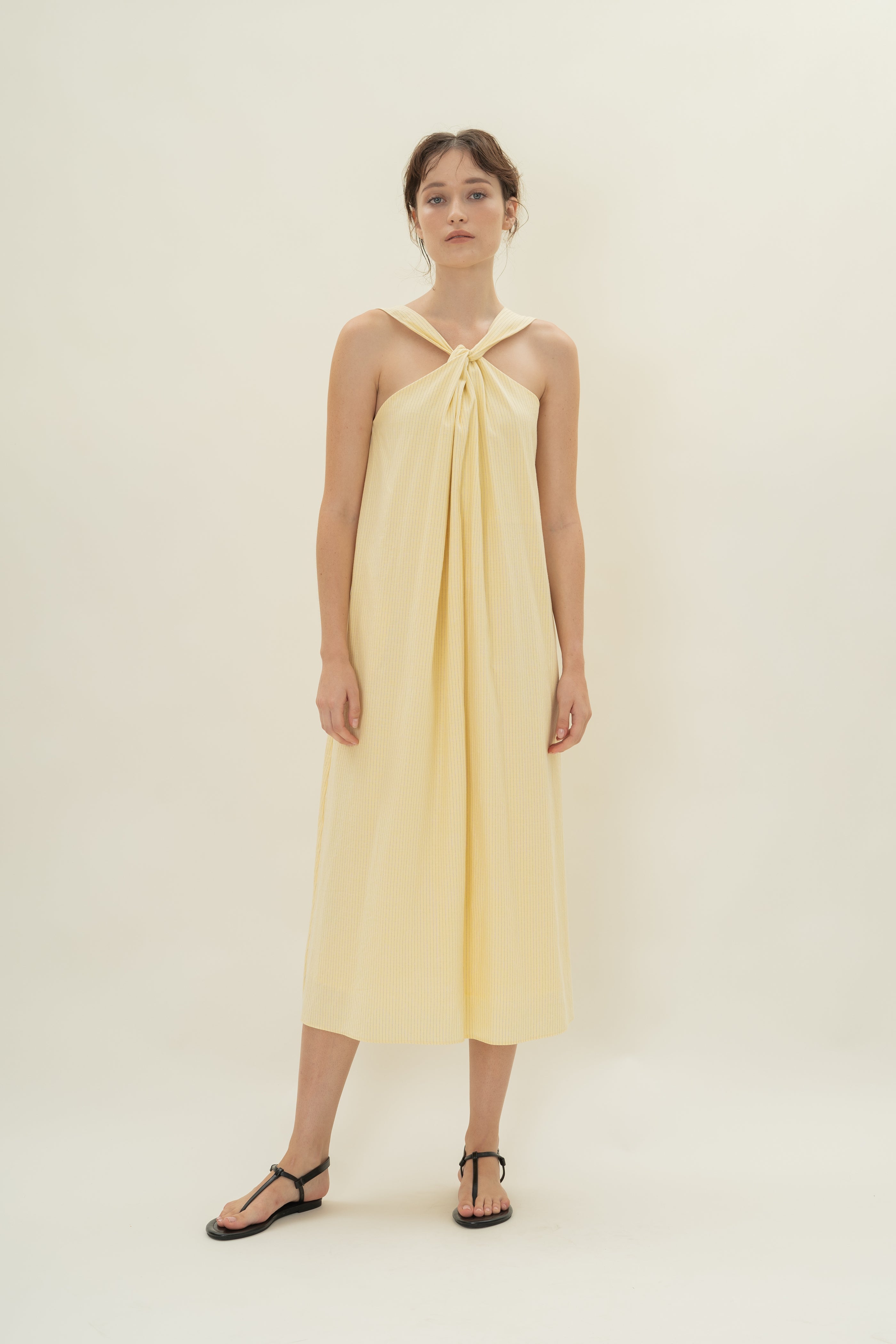 Reversible Knotted Neckline Midi Dress in Linen Blend Lemon Stripes