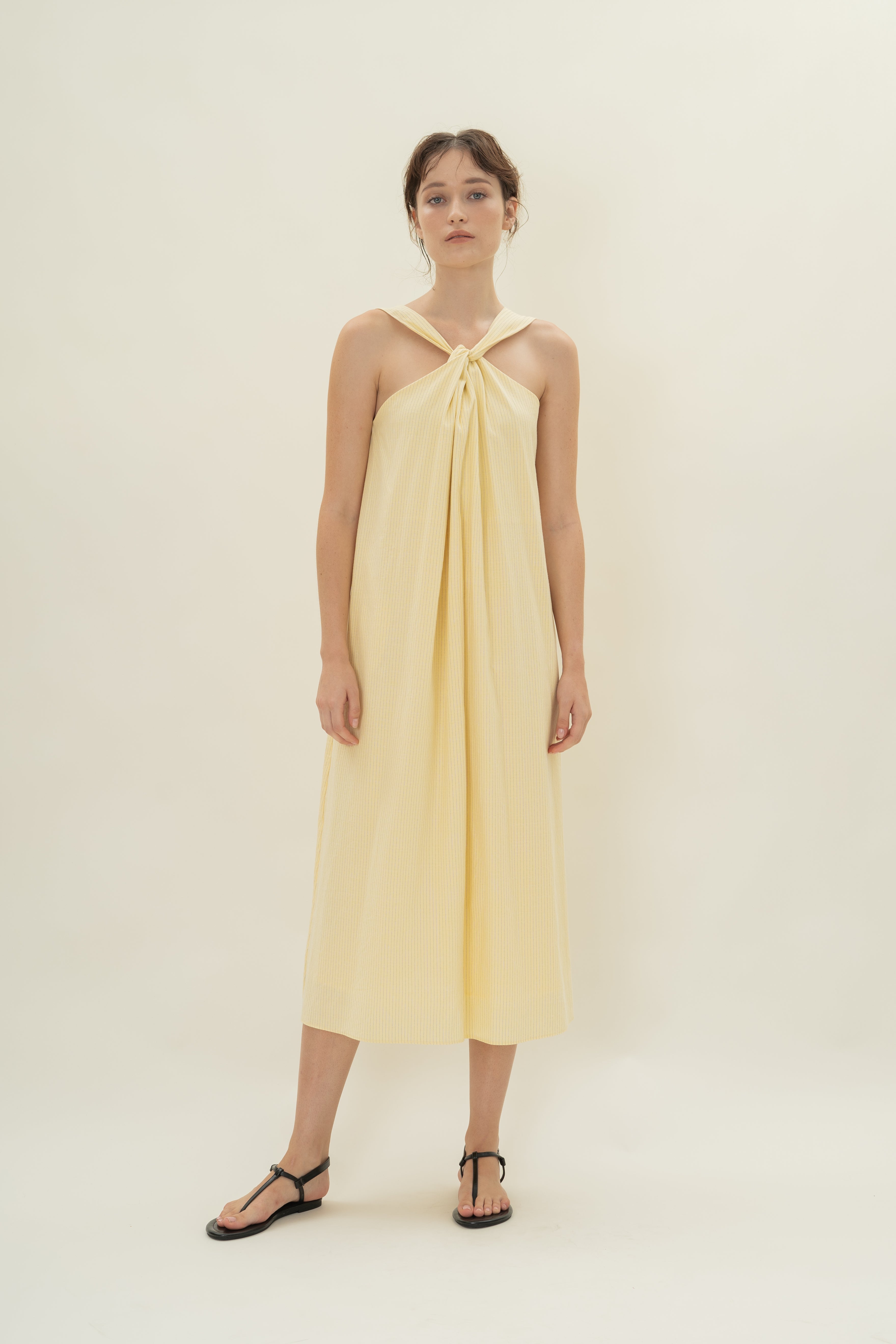 Reversible Knotted Neckline Midi Dress in Linen Blend Lemon Stripes