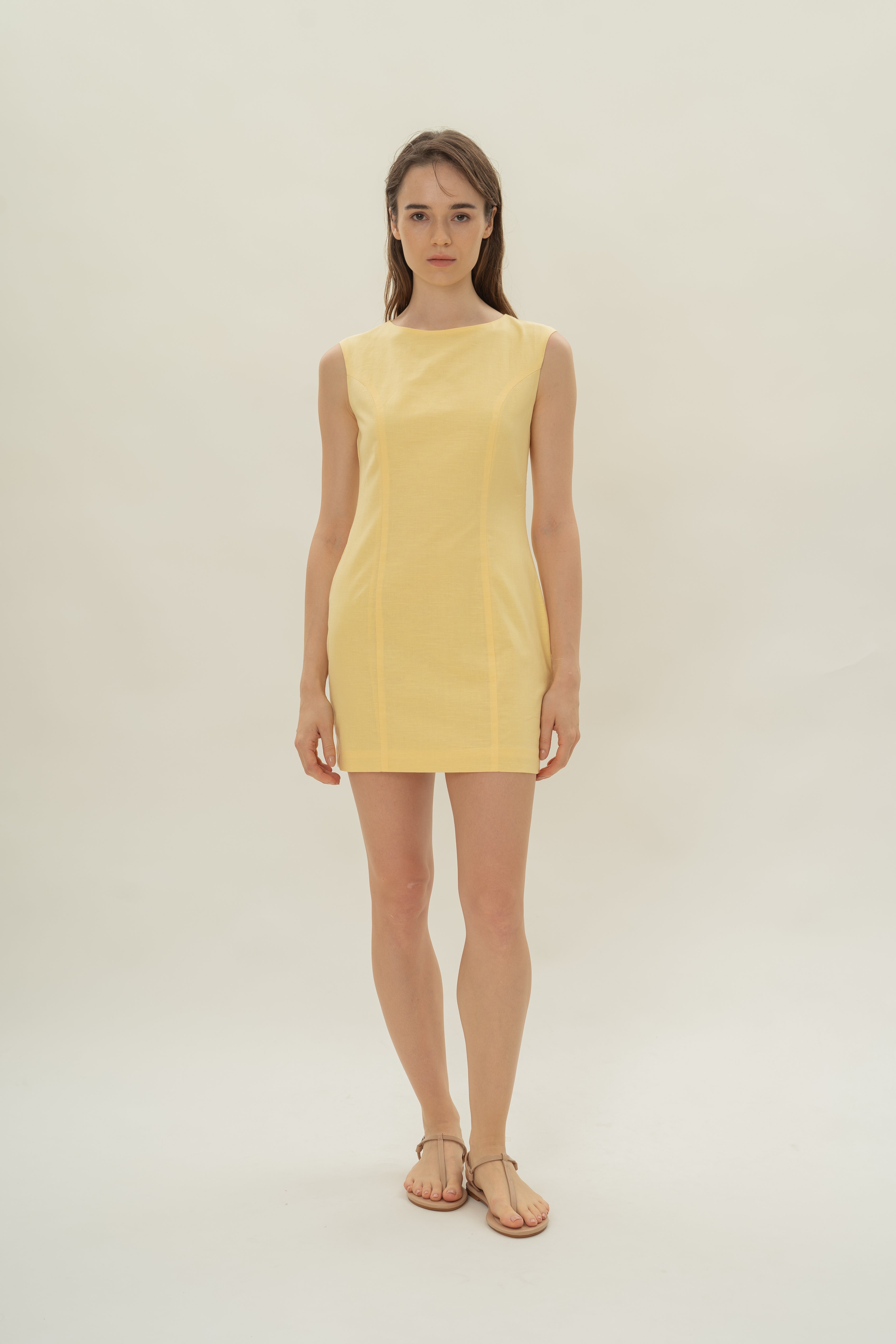 Boat Neck Mini Dress in Lemon