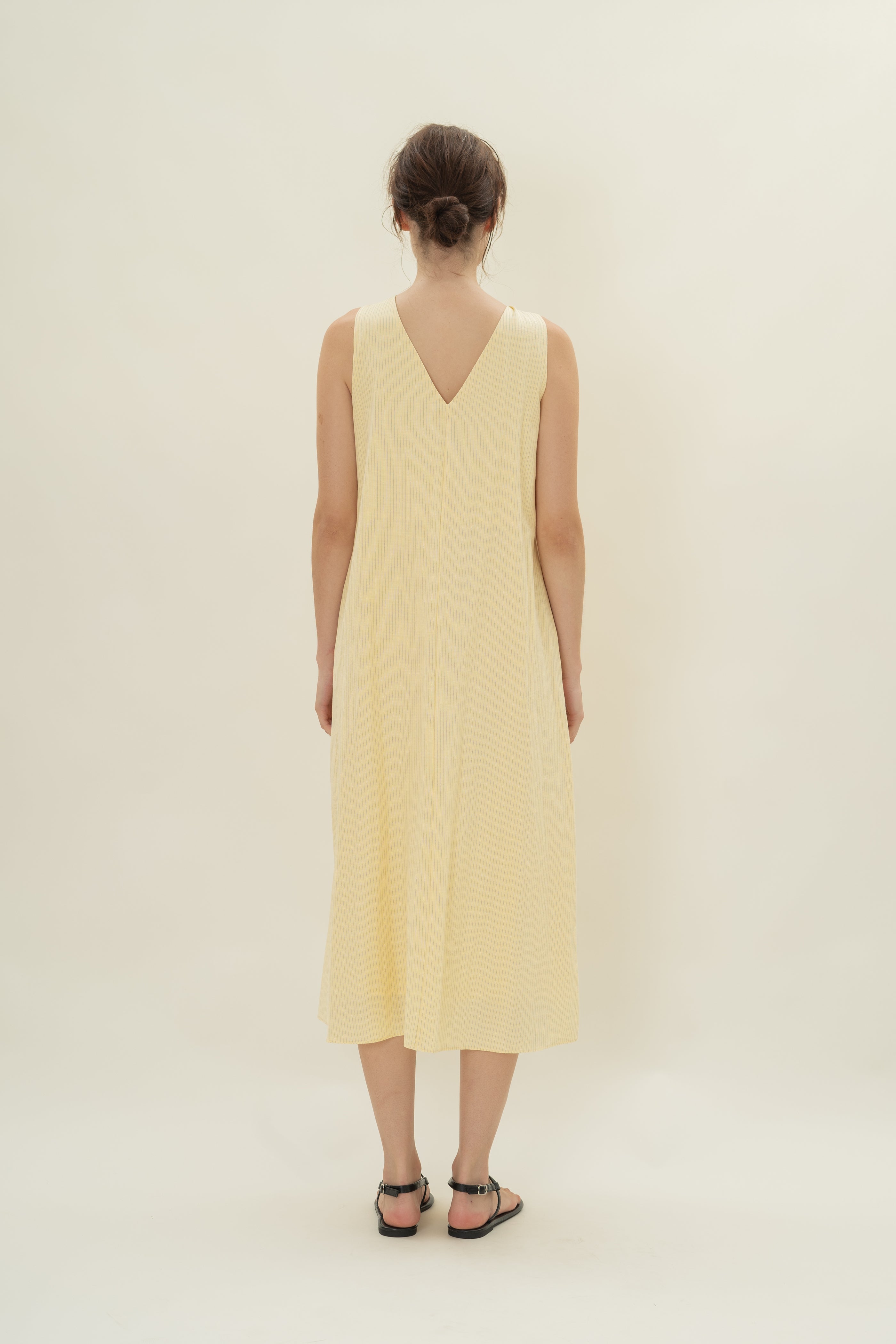 Reversible Knotted Neckline Midi Dress in Linen Blend Lemon Stripes