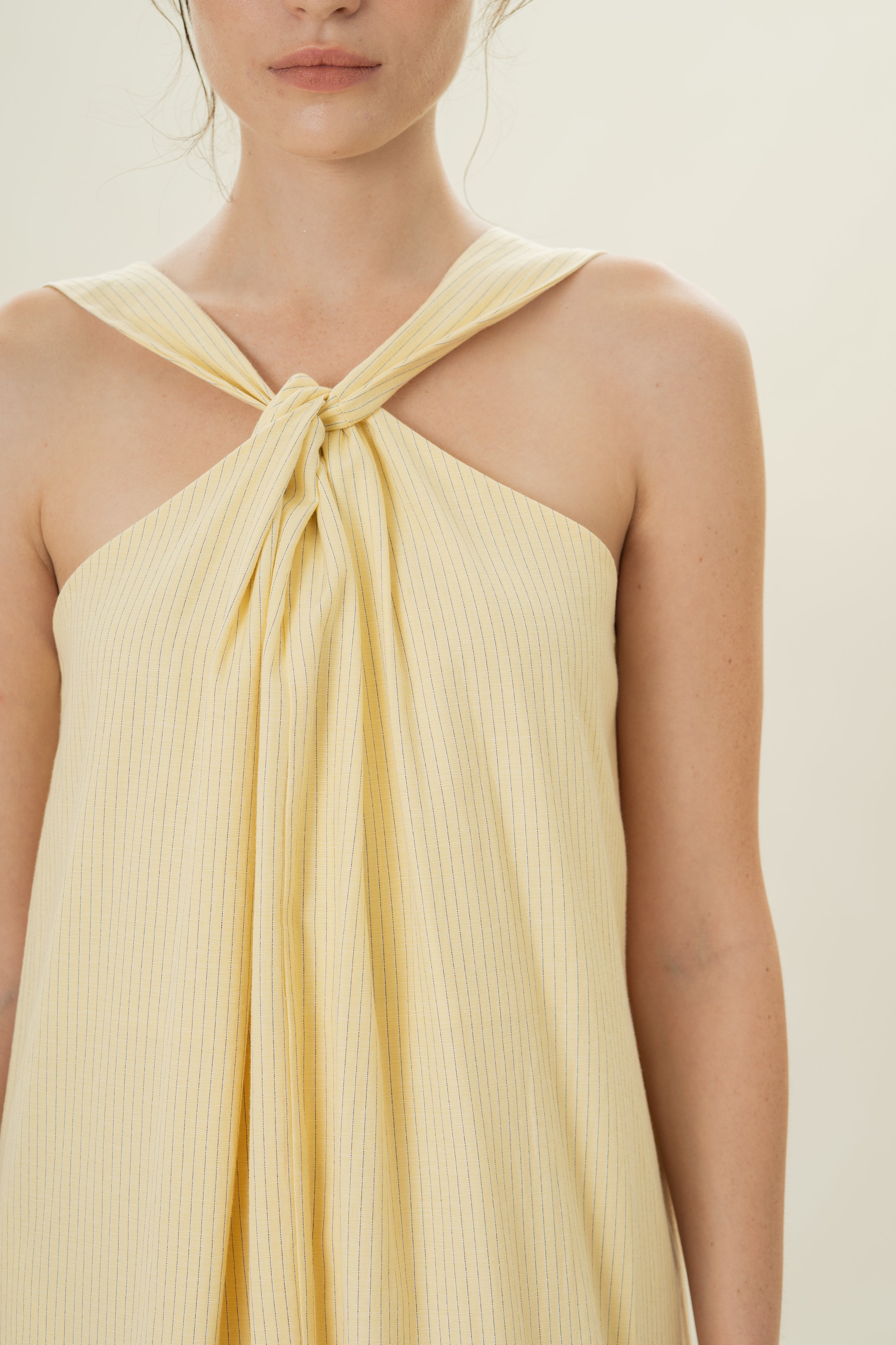 Reversible Knotted Neckline Midi Dress in Linen Blend Lemon Stripes