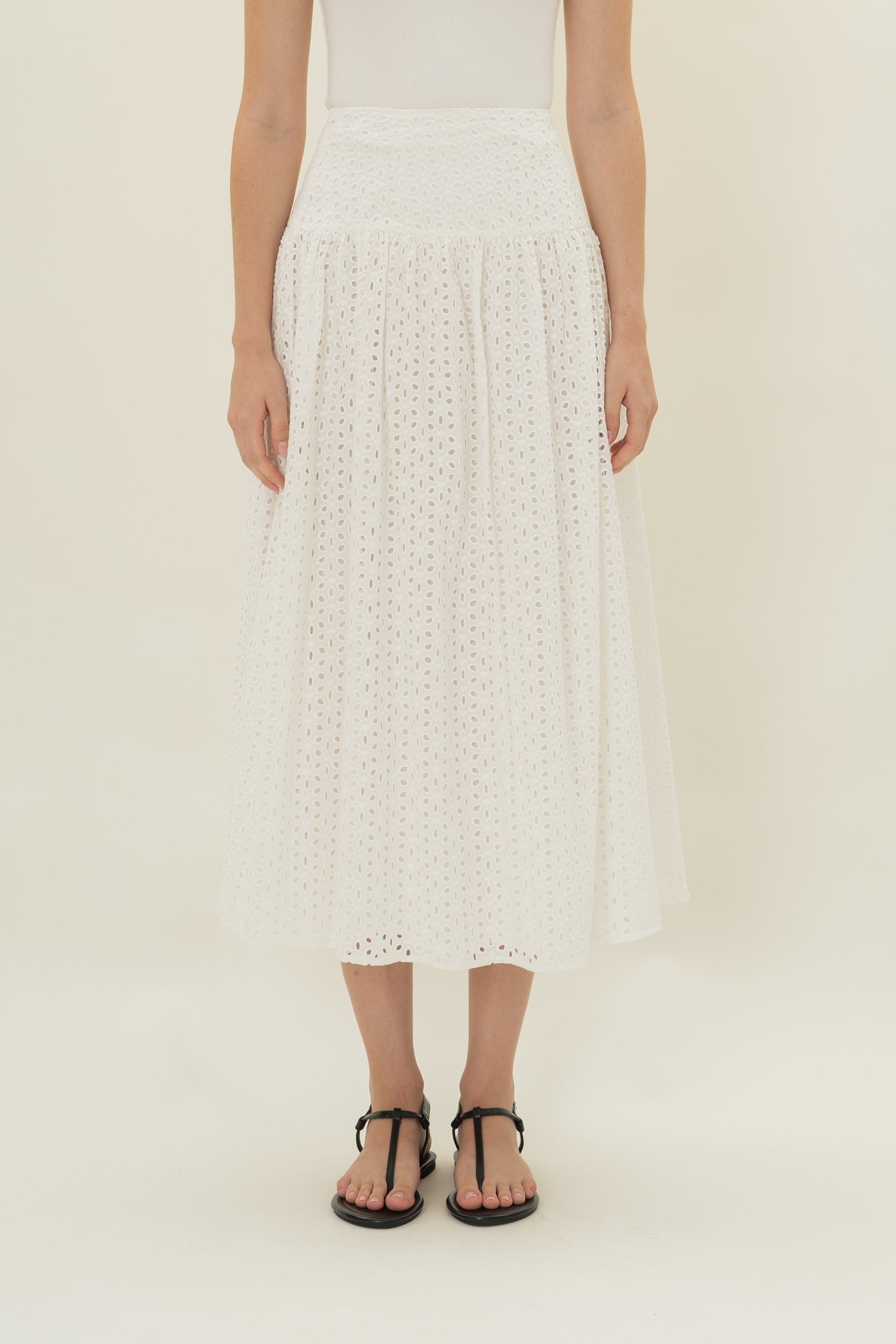 Gathered Panel Skirt in Broderie White