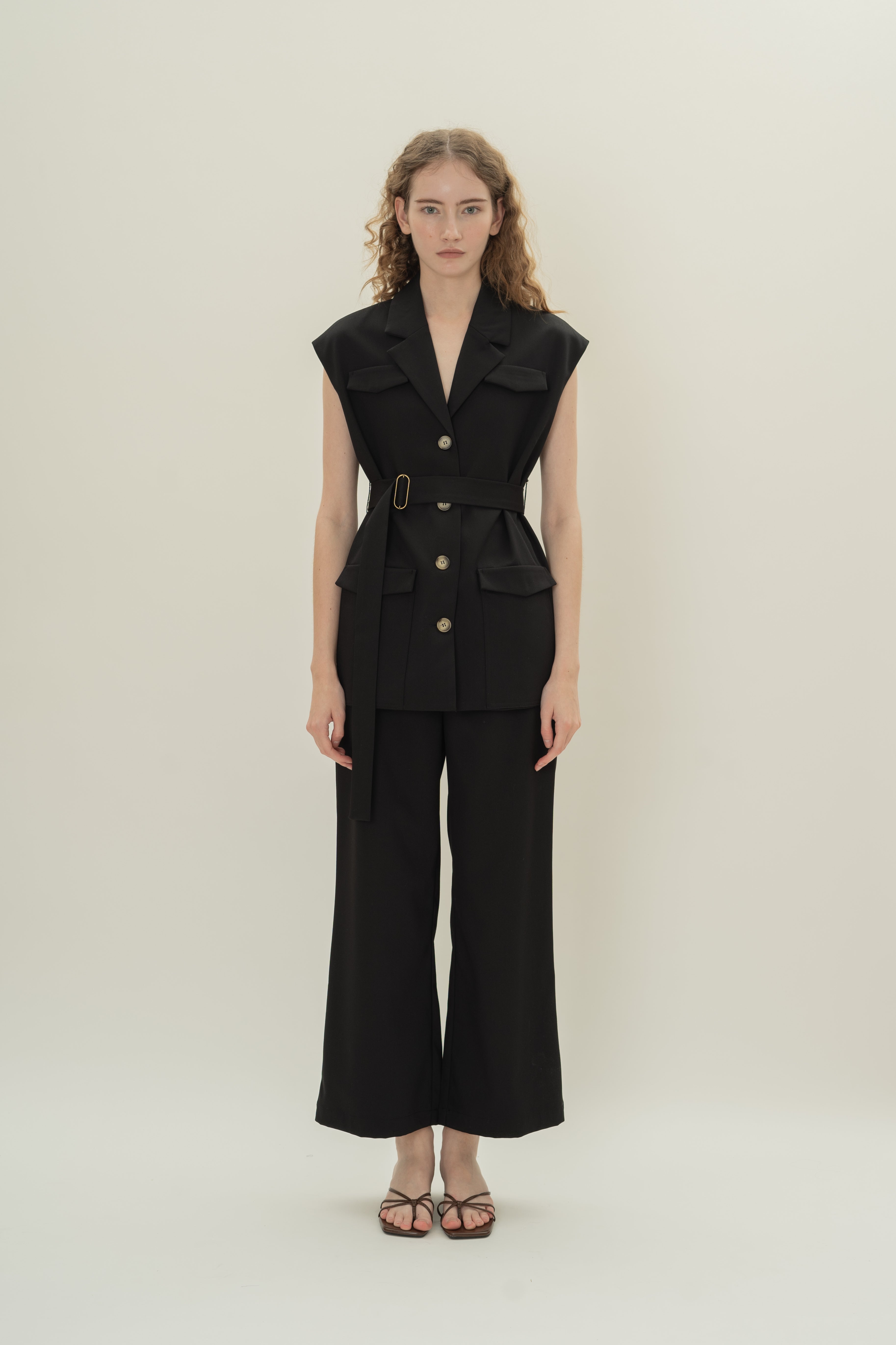 Sleeveless Belted Blazer in Black