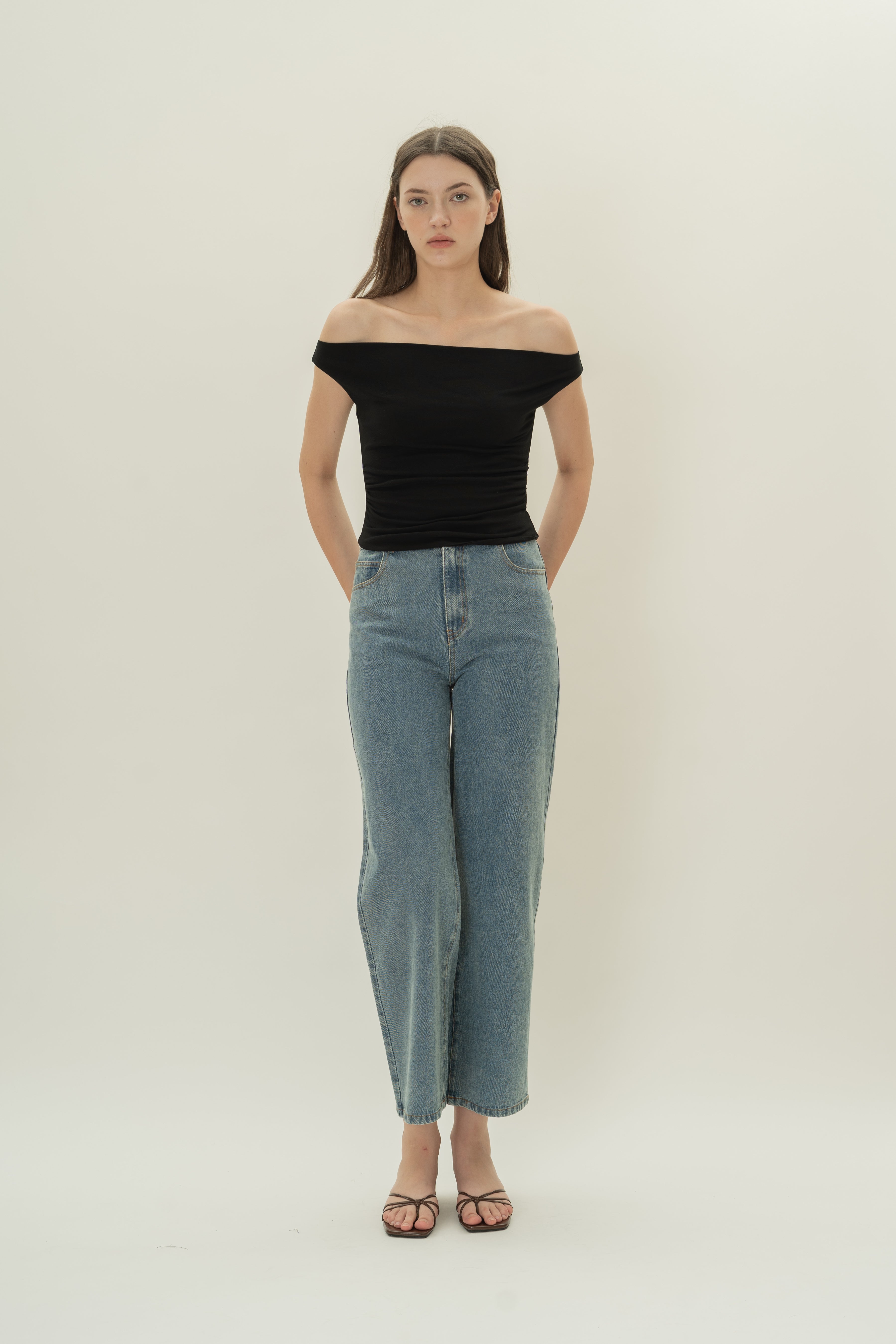 Off Shoulder Ruched Waist Top in Black
