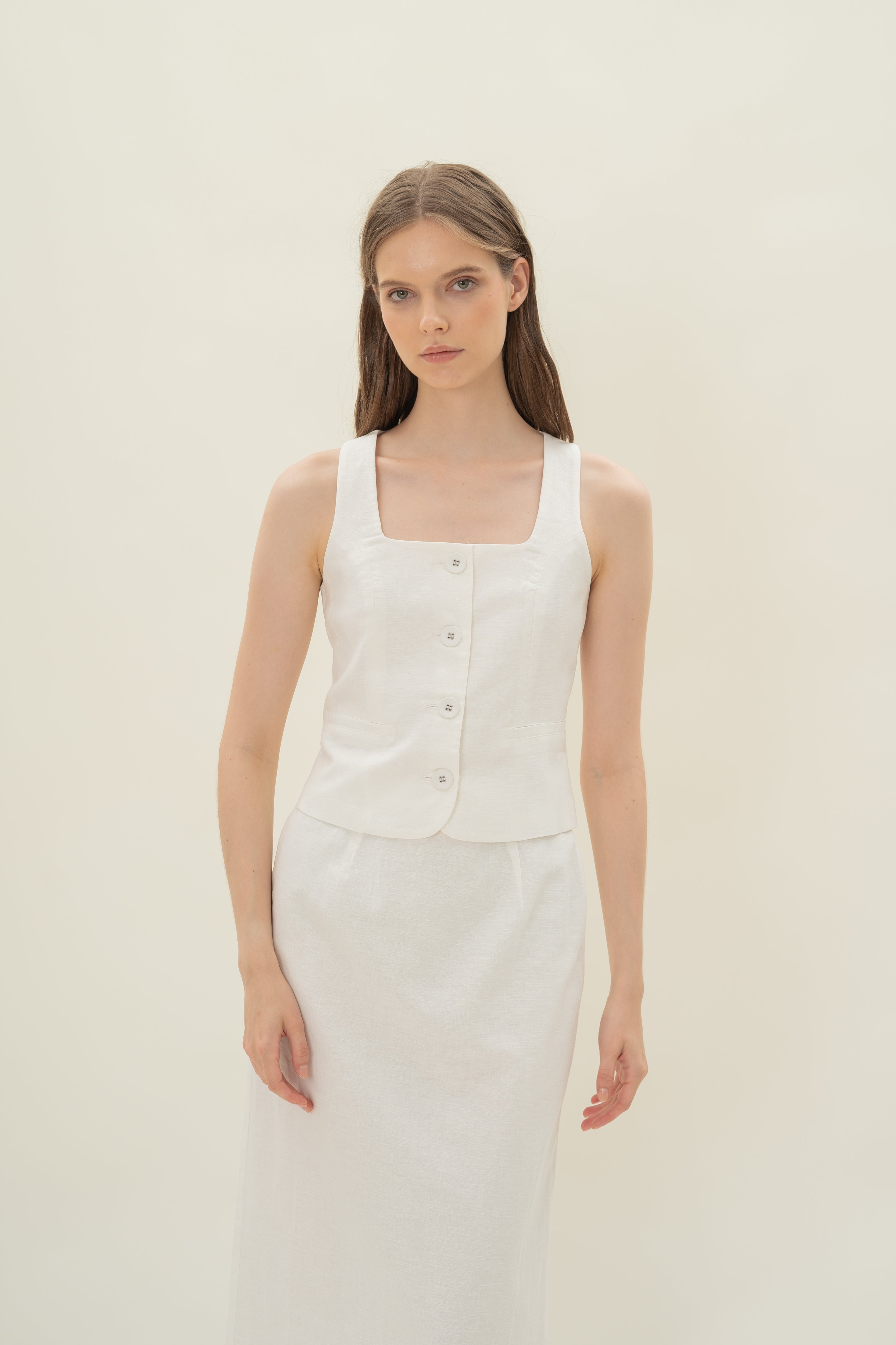 Straight Neck Waistcoat in White