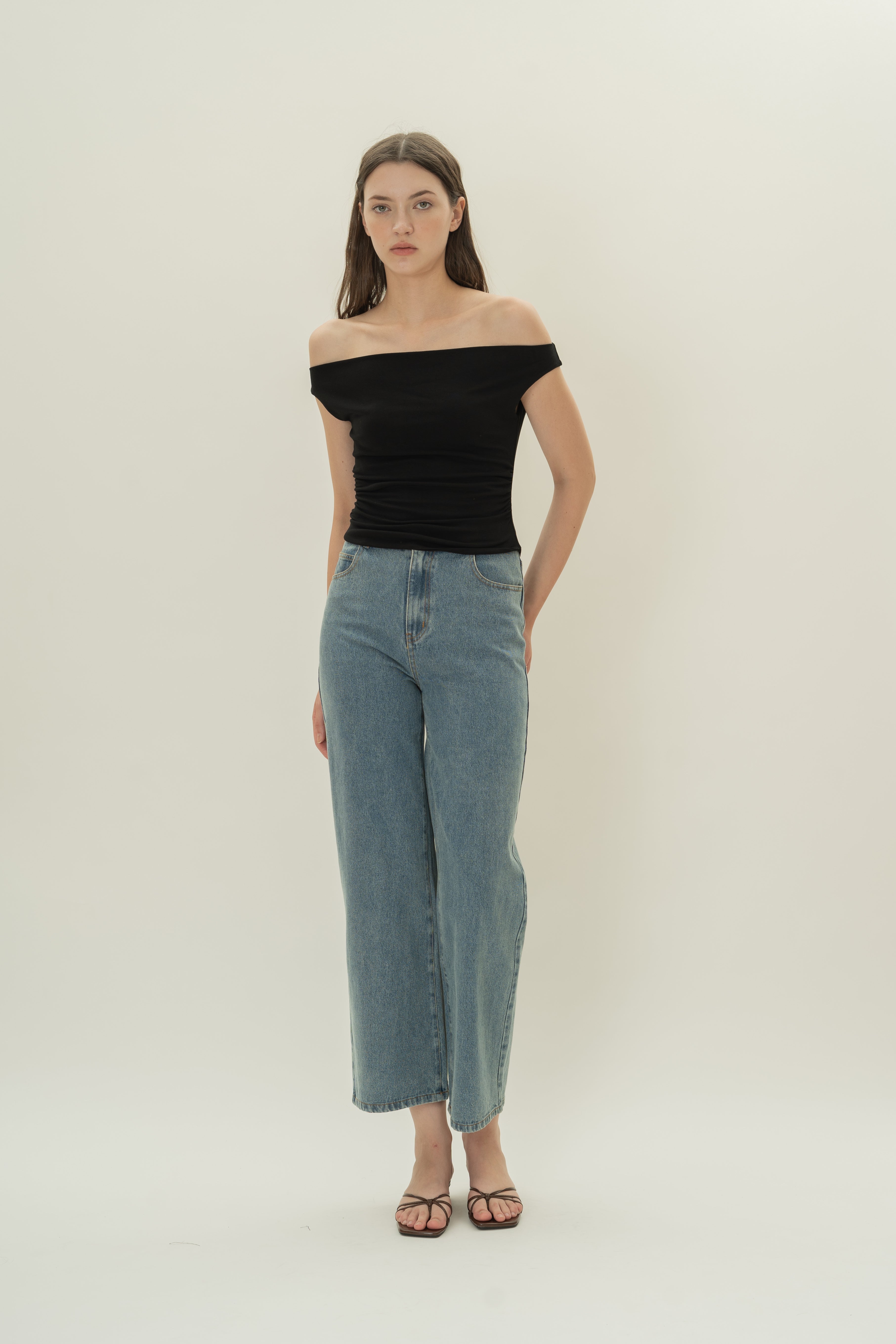 Off Shoulder Ruched Waist Top in Black