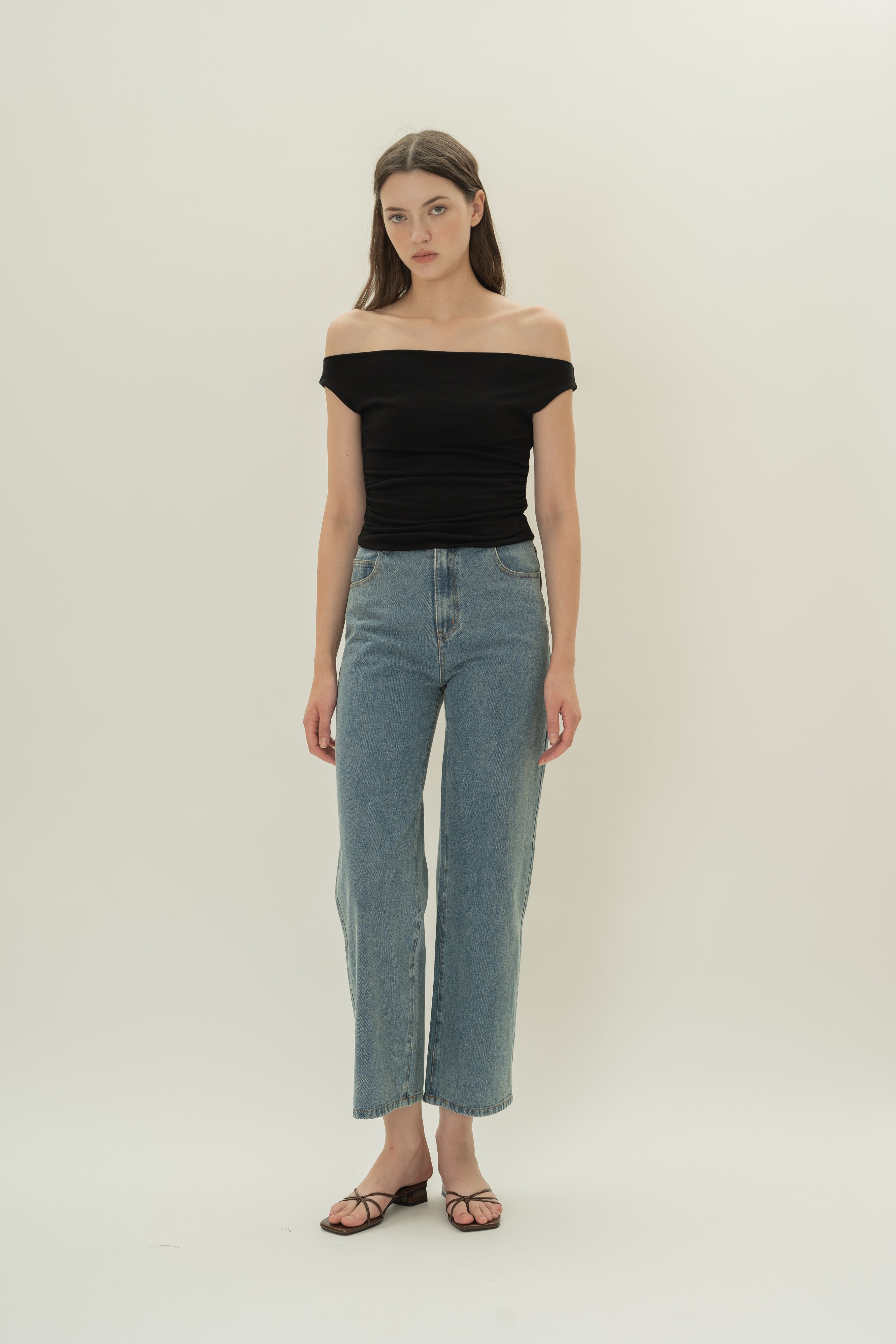 Off Shoulder Ruched Waist Top in Black