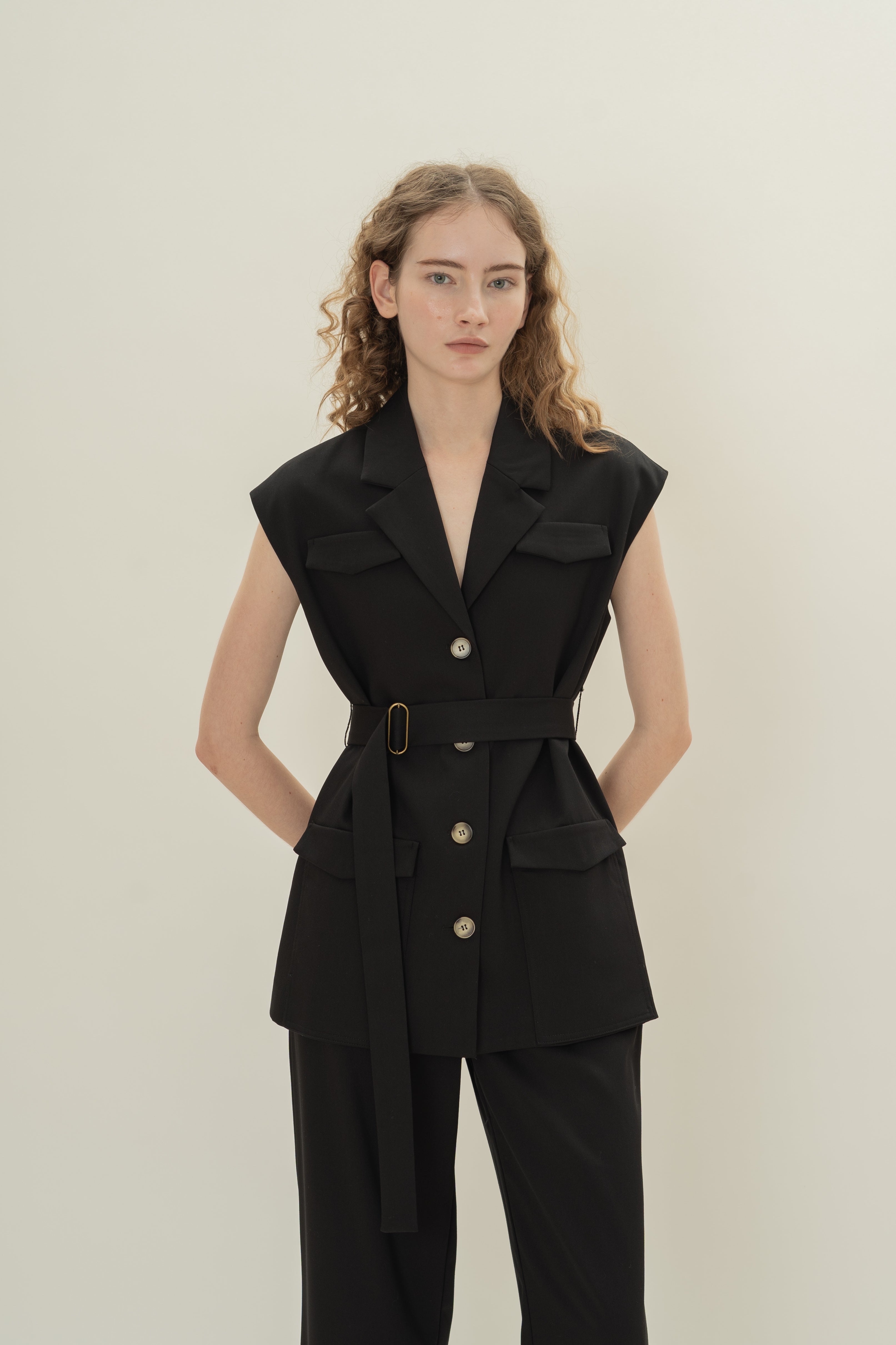 Sleeveless Belted Blazer in Black