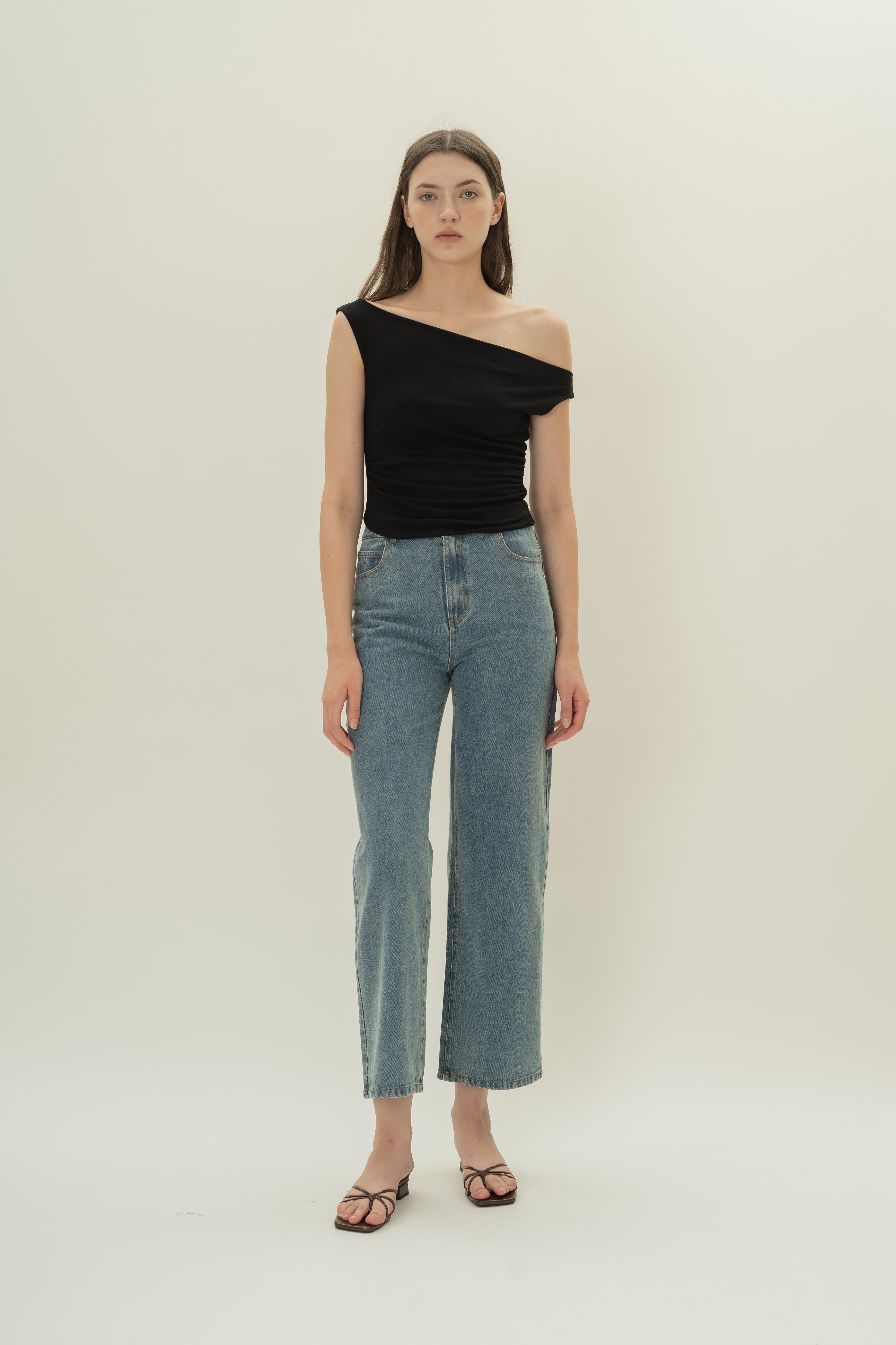 Off Shoulder Ruched Waist Top in Black